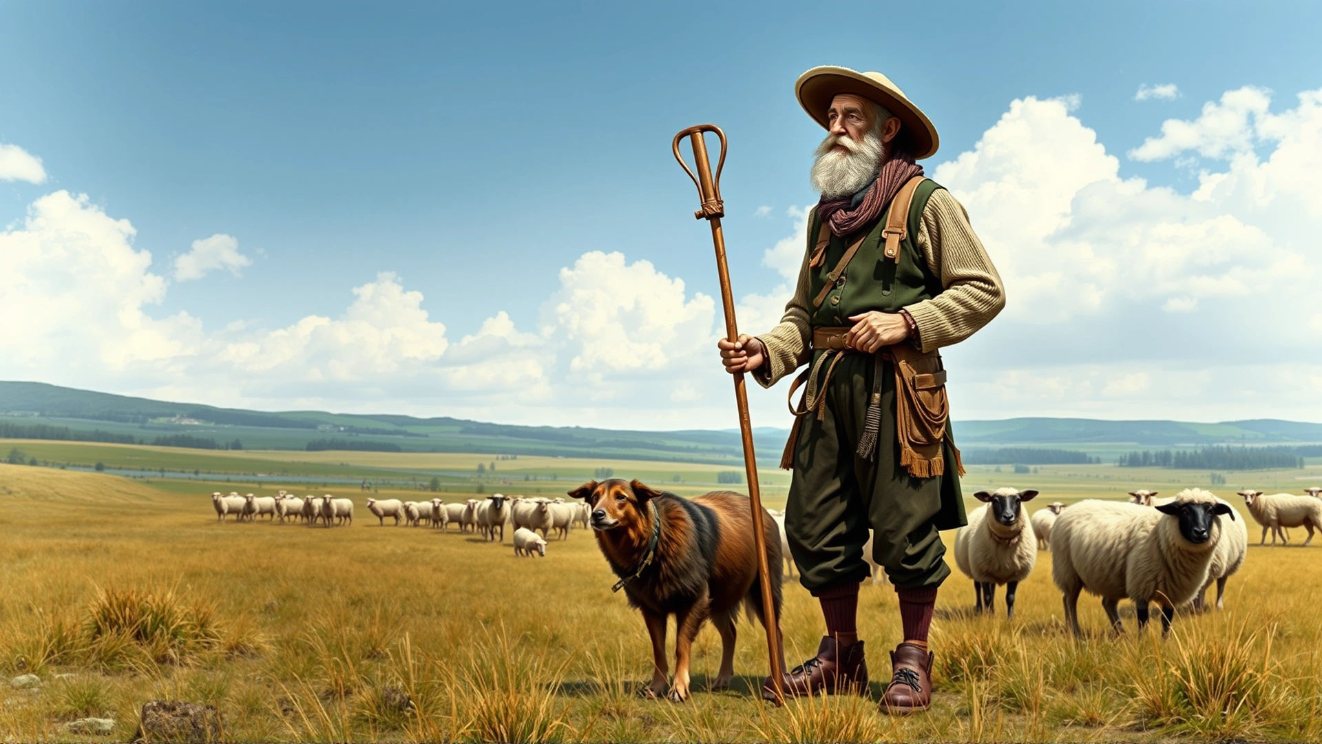 Vintage-style illustration of a traditional Hungarian shepherd standing on the Great Hungarian Plain with a Puli dog and a flock of sheep.