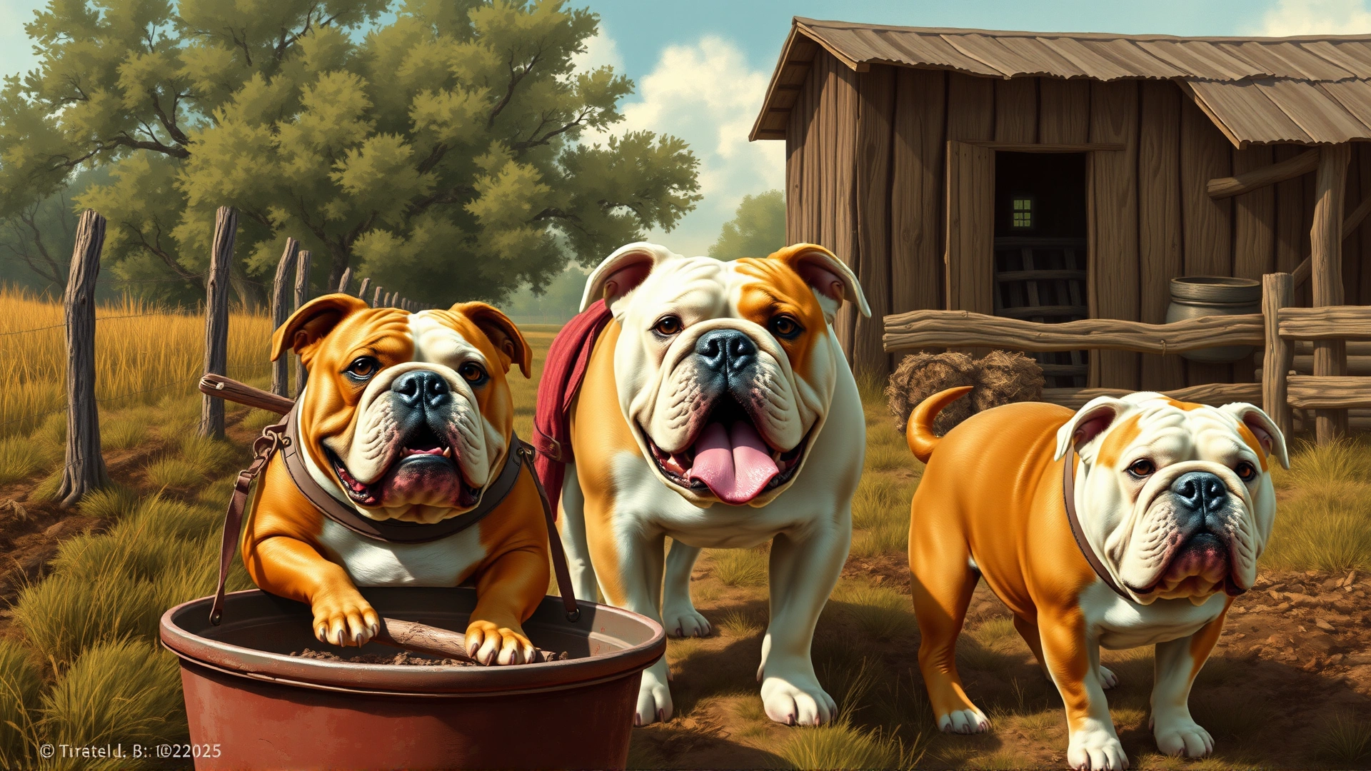 Vintage-style illustration of American Bulldogs working on a rural southern U.S. farm, showcasing their historical role as farm helpers.