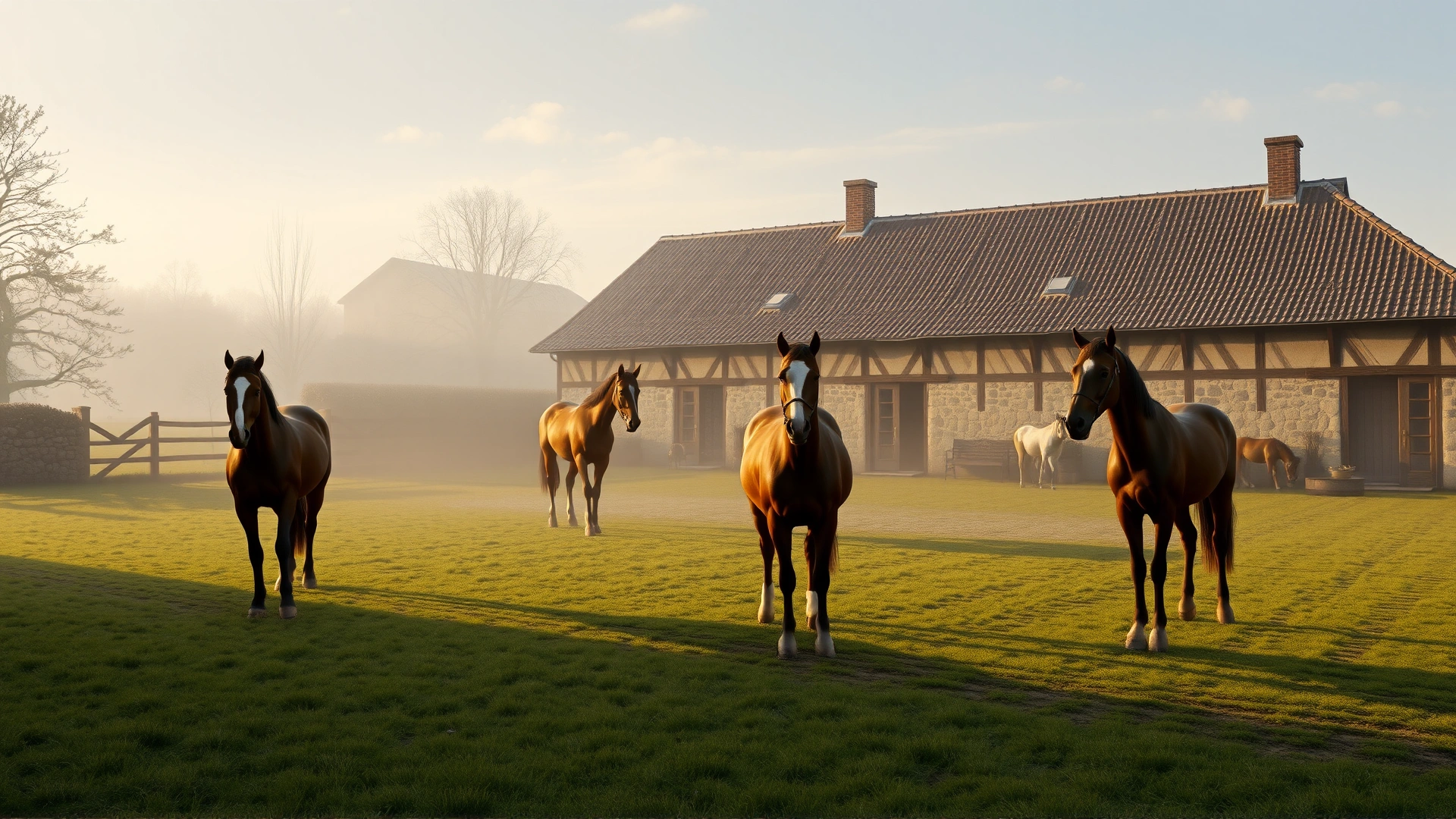 Vintage-style photograph of an 18th-century German stud farm with Hanoverian horses in the yard, early morning mist adding atmosphere.