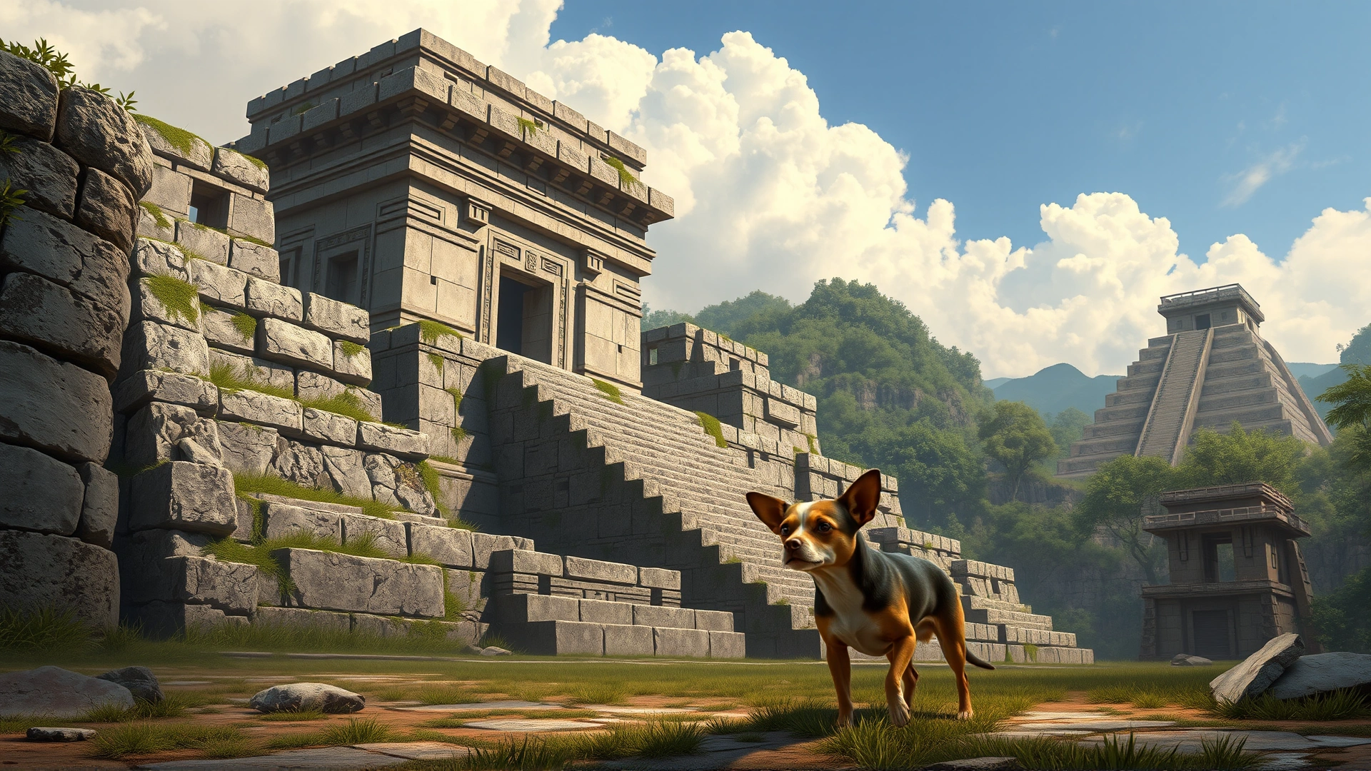 Illustrative depiction of ancient Aztec ruins with a small Chihuahua-like dog in the foreground to evoke historical origin