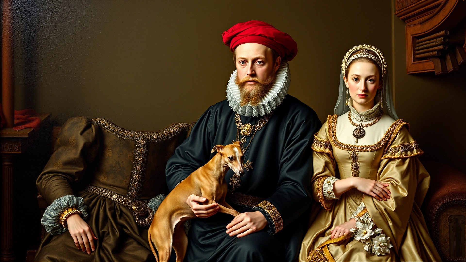 Renaissance-style painting recreation of aristocrats posing with a small sighthound resembling an Italian Greyhound, muted classical palette