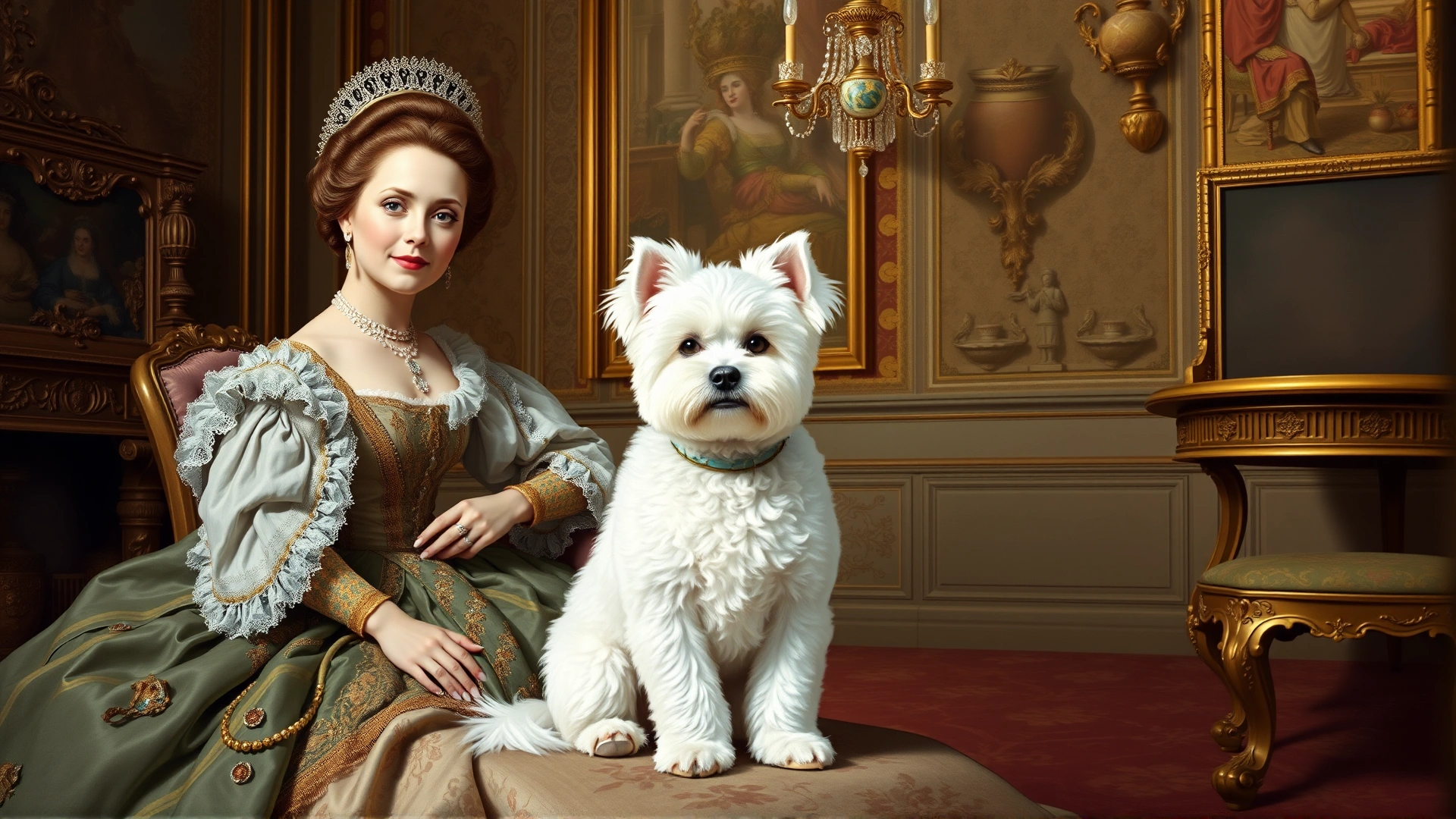 Vintage style painting illustration of a Bichon Frise sitting beside a 17th-century noblewoman in an ornate palace room, soft pastel palette.