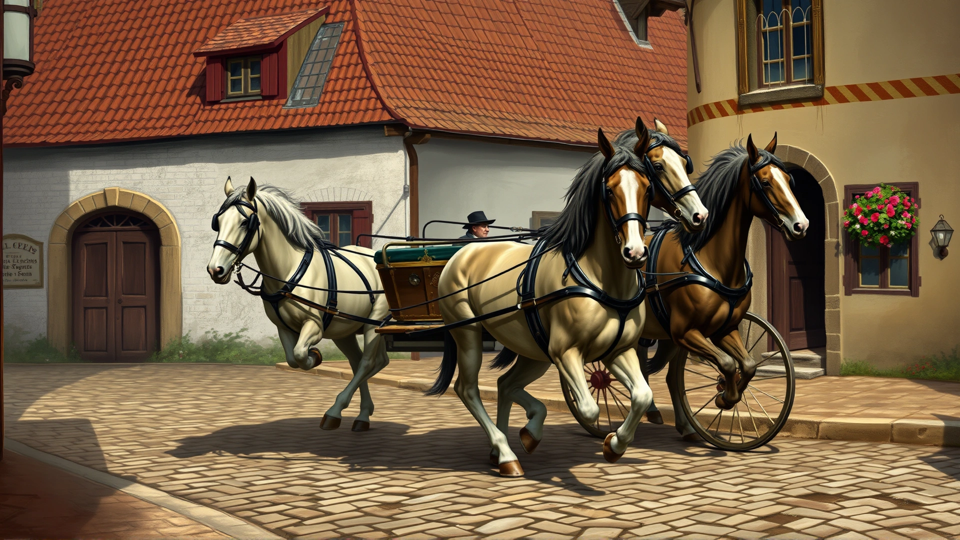 Vintage style illustration of early 19th century Holsteiner horses pulling an elegant carriage down a cobblestone street in a German village