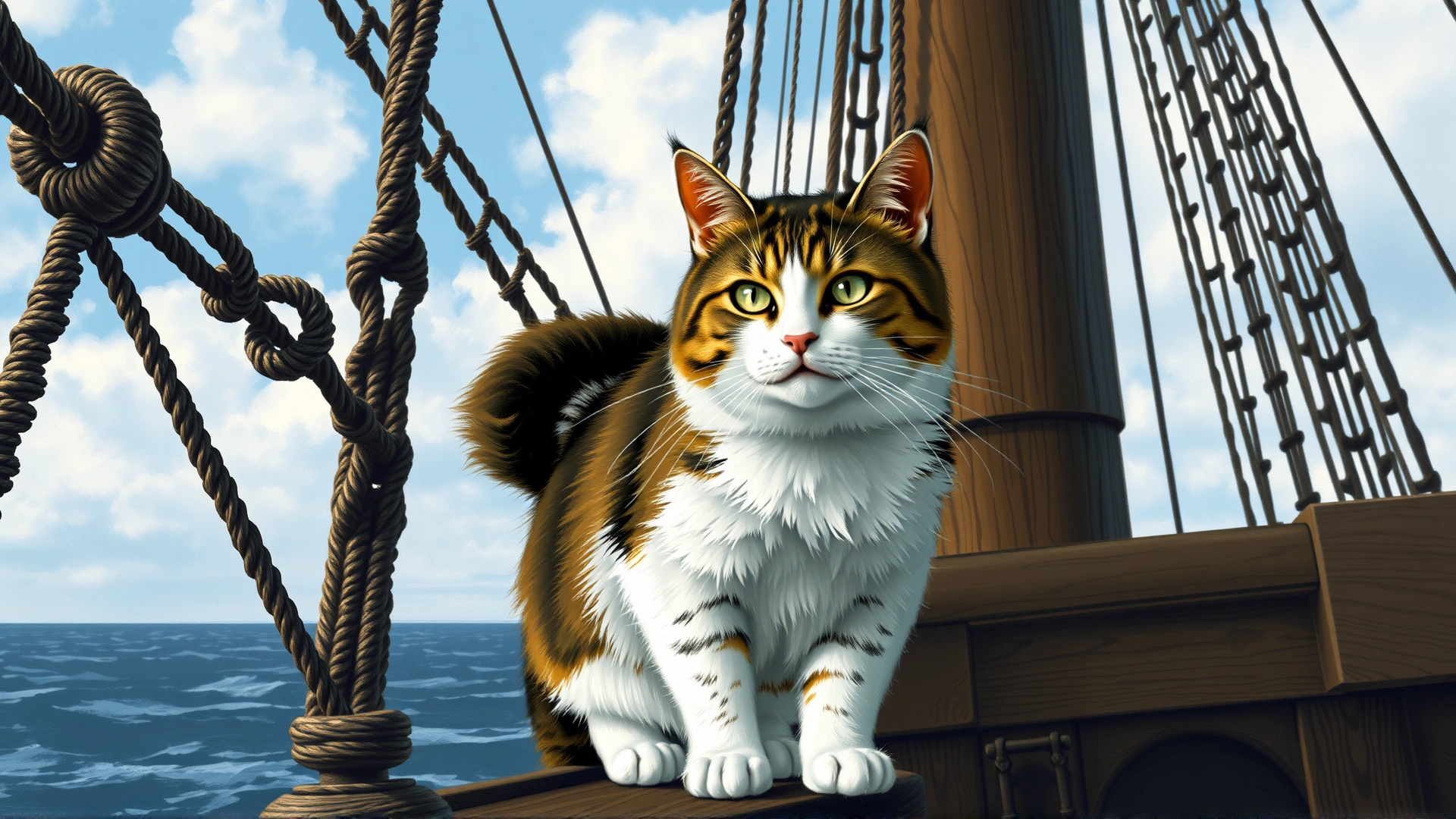 Vintage-style illustration of a sturdy ship cat resembling an American Shorthair standing on the deck of a 17th-century wooden ship.