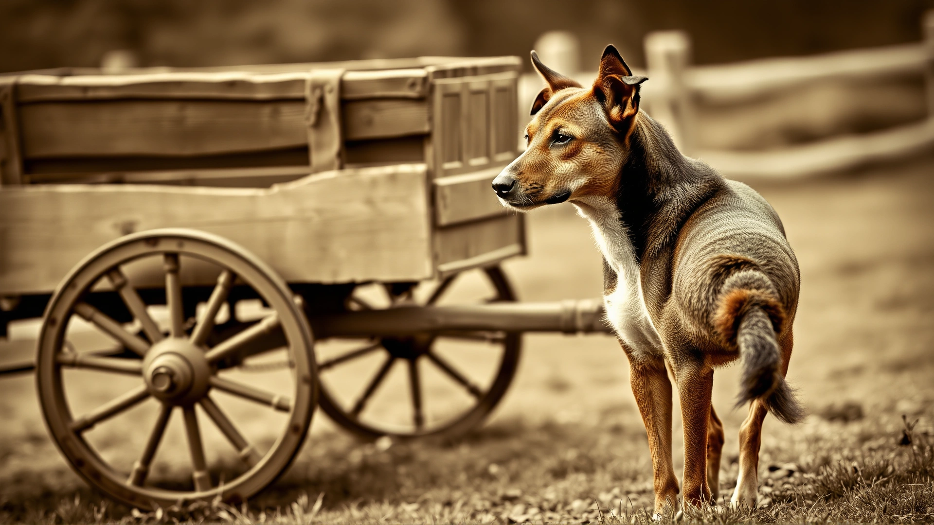Sepia-toned vintage photograph of a 19th-century farm dog with a docked tail standing beside a wooden cart