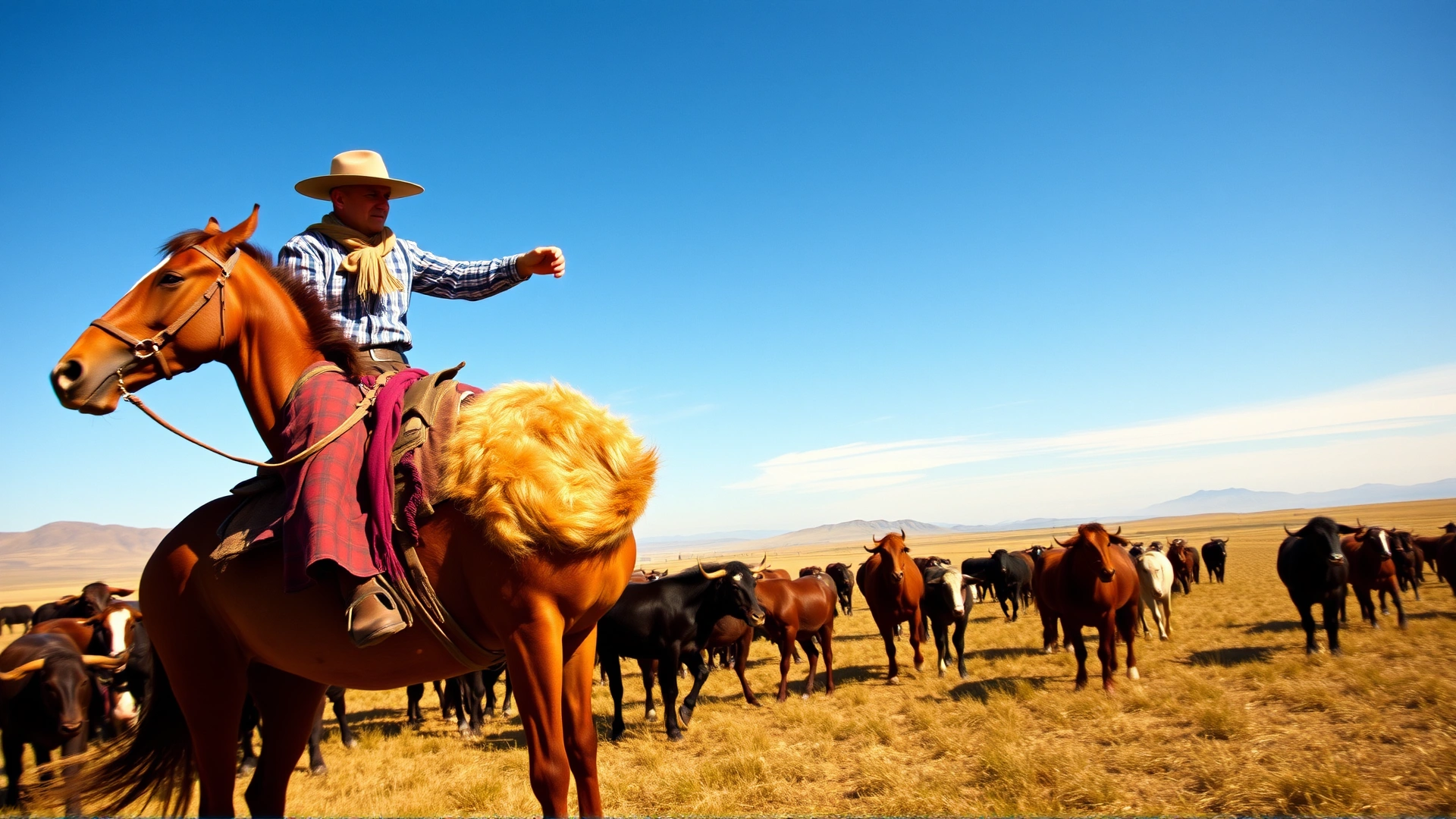 A traditional gaucho riding an Argentine Criollo horse while herding cattle on the open Pampas, historical vibe, warm tones.