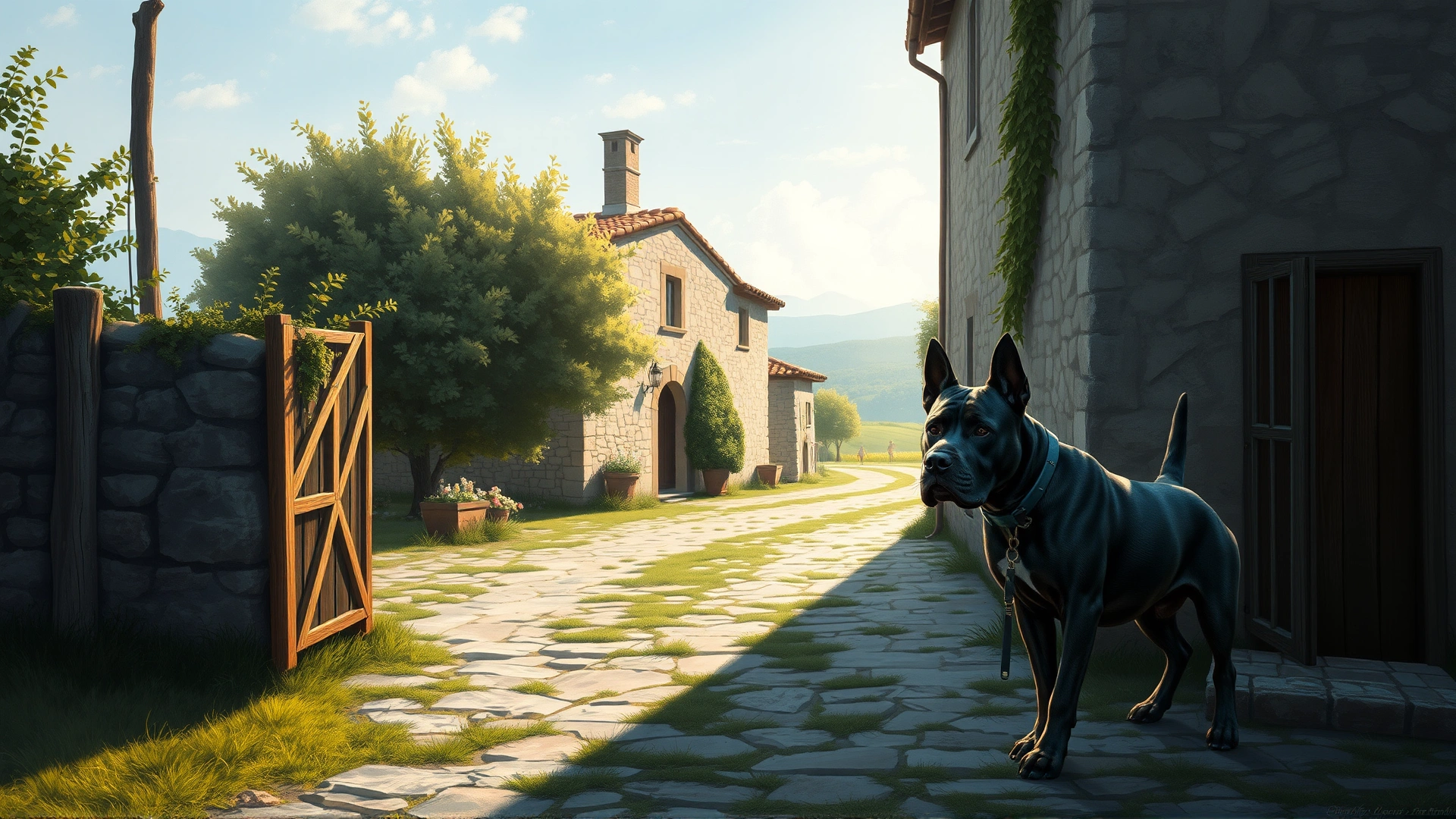 Illustrative scene of a Cane Corso guarding an old Italian farmhouse entrance, early morning light, no people visible, no text.