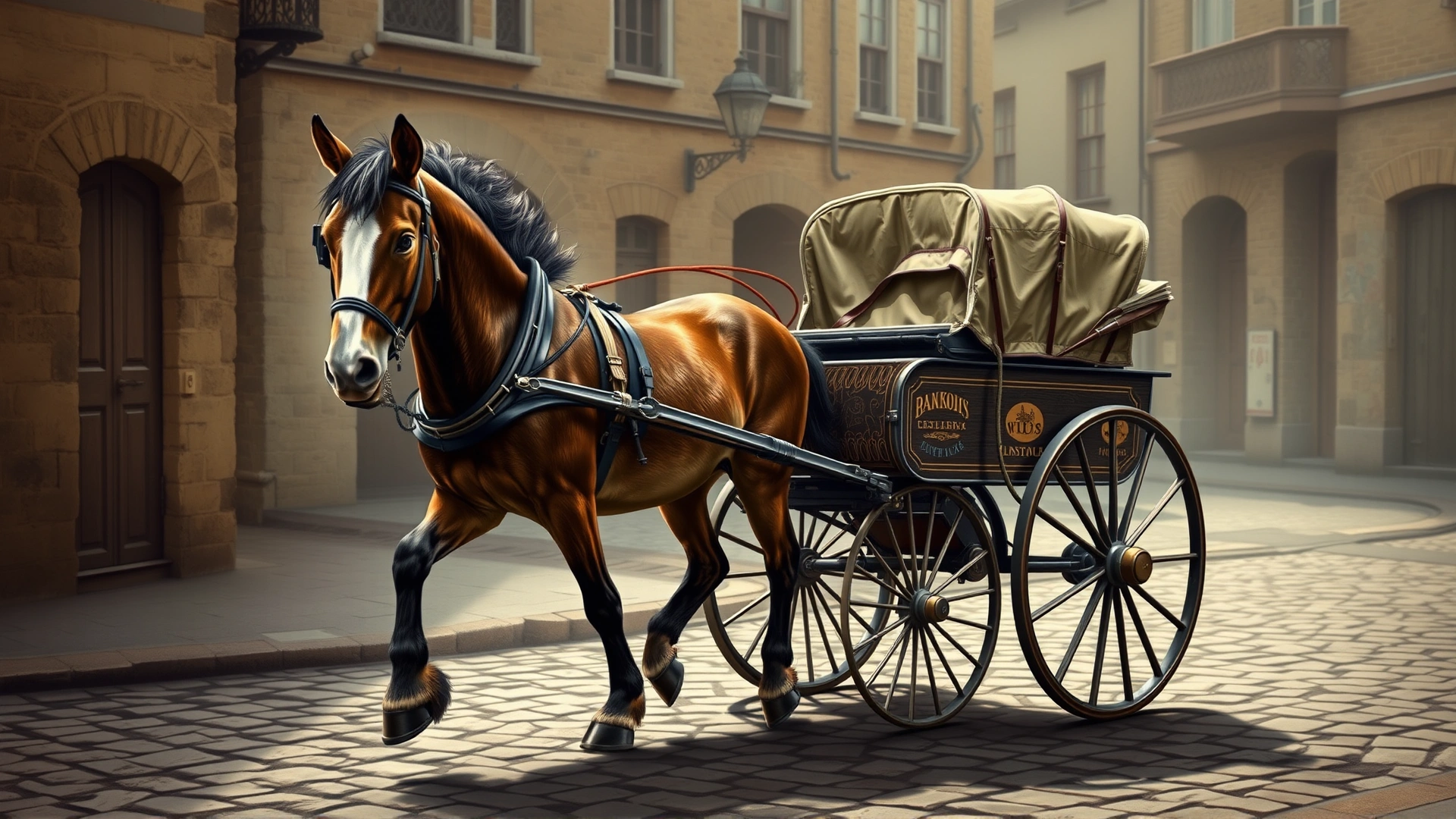 Vintage-style illustration of a nineteenth-century Hackney Pony pulling a two-wheeled carriage on a cobblestone street.