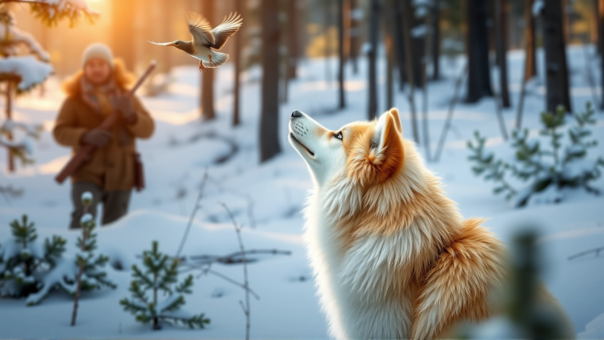 Finnish Spitz in a snowy pine forest pointing upward at a bird with a traditional Finnish hunter in the background