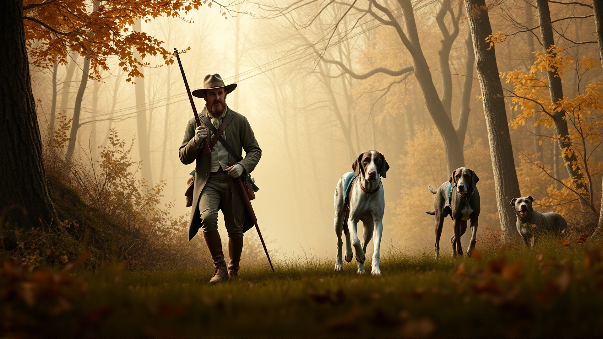 Vintage-inspired scene of 18th-century American hunters accompanied by Treeing Walker Coonhounds in an autumn forest, subtle sepia tone to suggest history.
