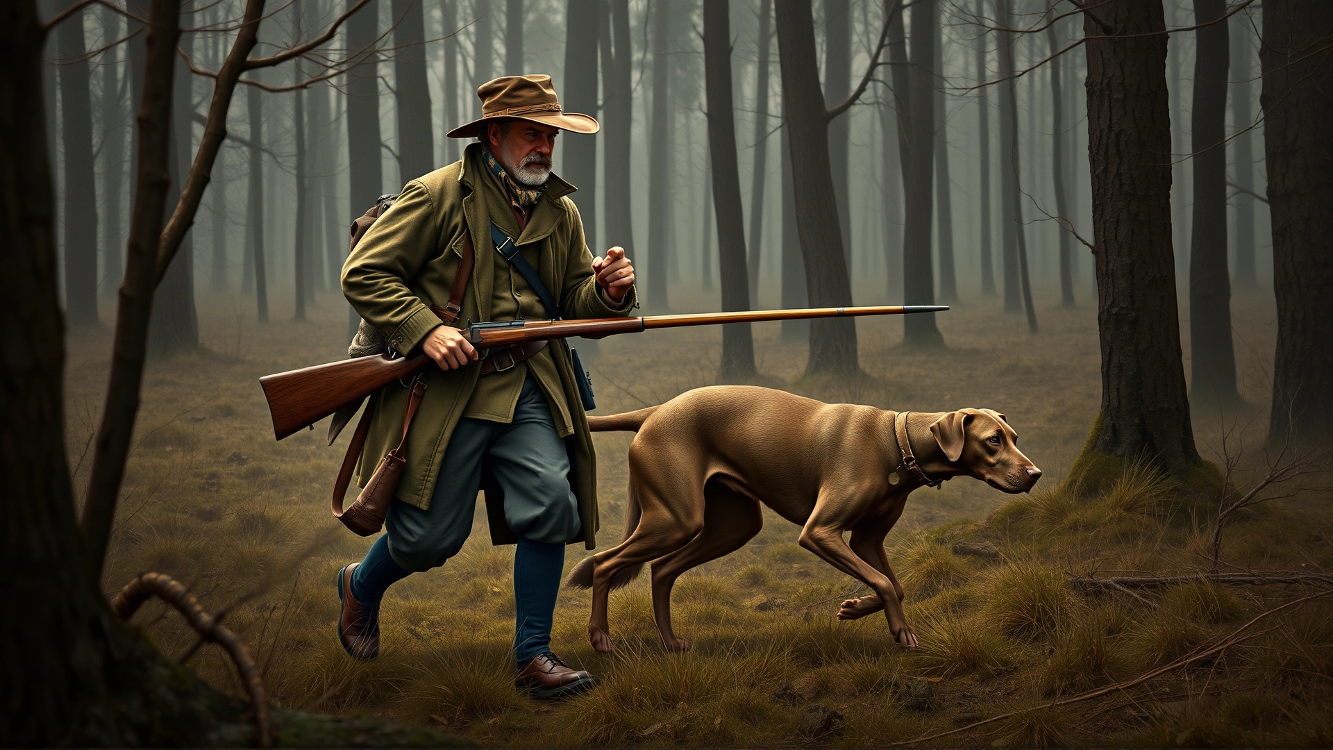 A vintage-inspired illustration of a 19th-century German hunter in traditional attire accompanied by a Weimaraner tracking in a forest clearing. Muted, earthy color palette to convey historical context.