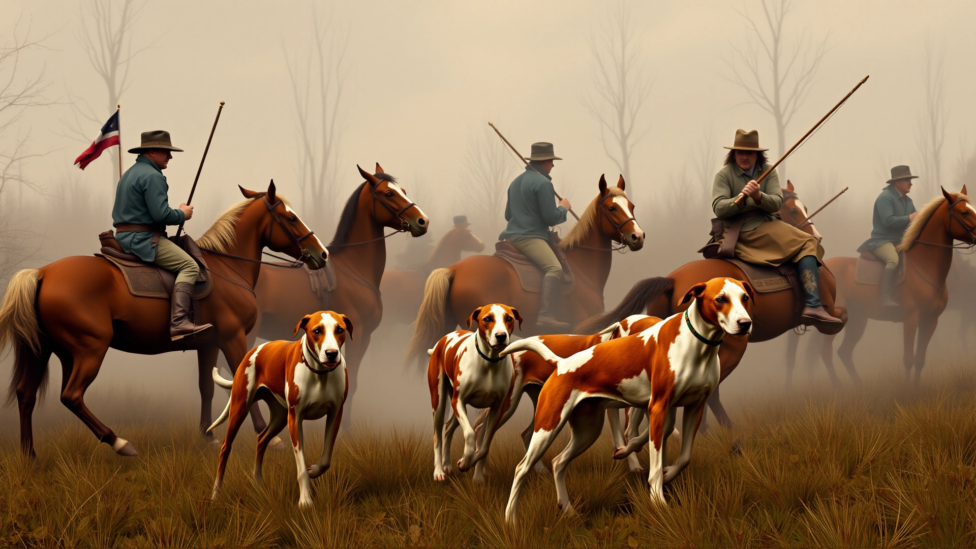 Illustrative vintage-style fox hunting scene in colonial America featuring riders on horseback and a pack of American Foxhounds, muted colors, no text