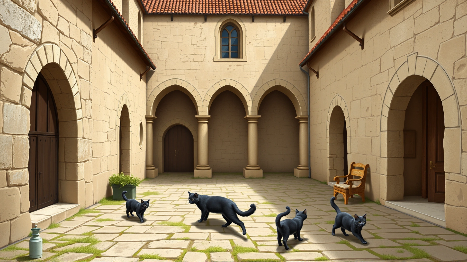 Artistic illustration of a medieval French monastery courtyard with a few blue-grey cats wandering, representing the historical origins of the Chartreux breed, no text