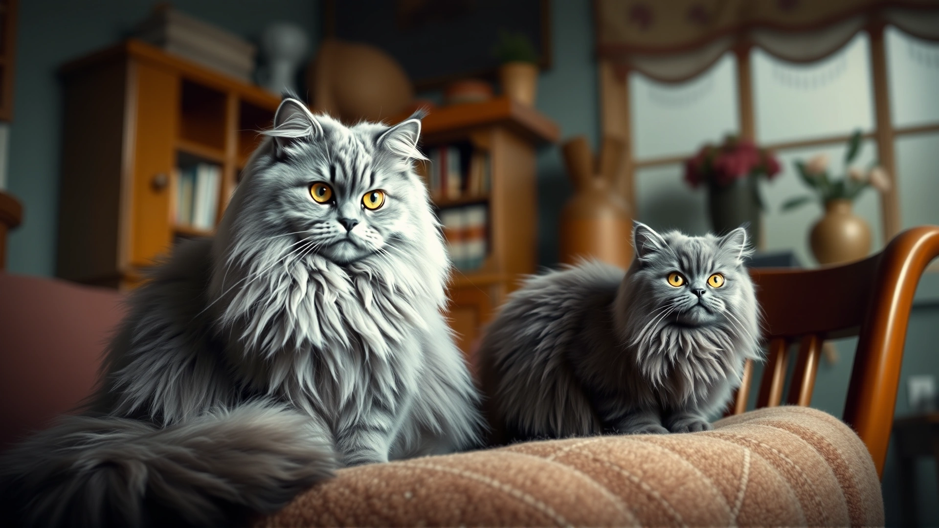 Vintage-styled photo of the first Nebelung breeding pair (a long-haired blue tom and a similar queen) in a cozy home setting to illustrate the breed’s origin story.