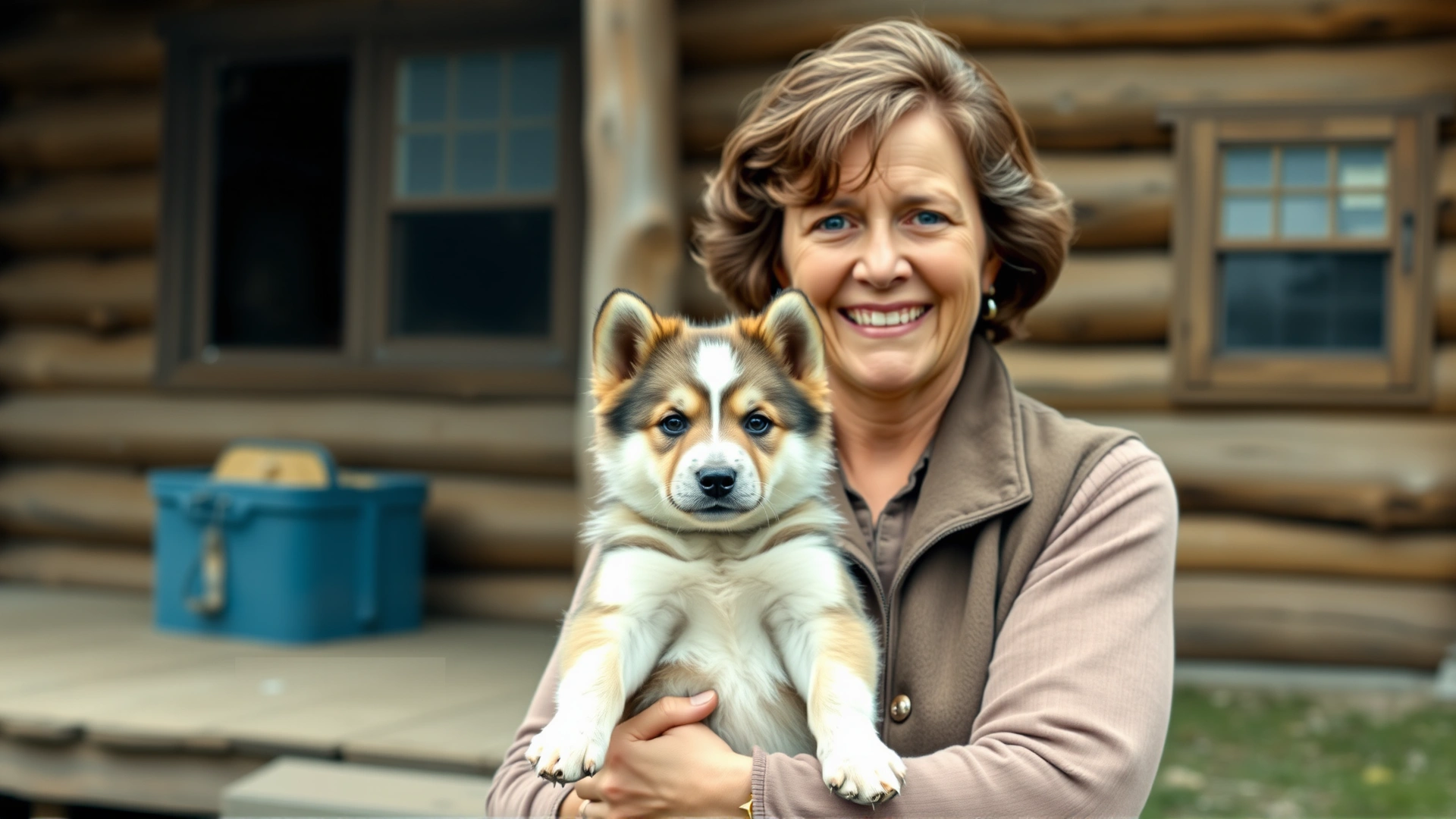 Vintage-style photograph of Linda Spurlin holding an early Alaskan Klee Kai puppy in front of a rustic Alaskan log cabin, representing the breed’s origins.