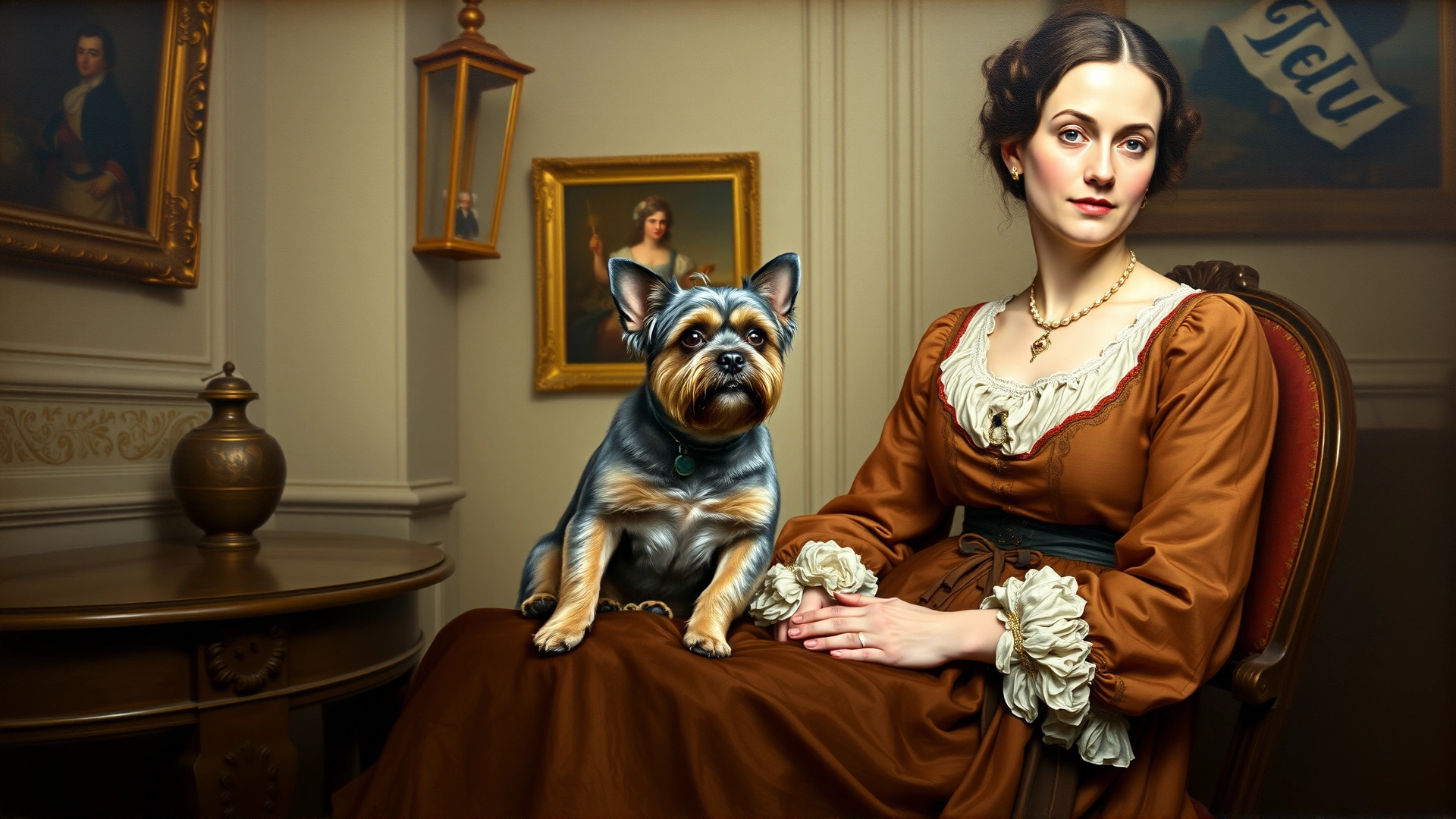 Vintage-style oil painting of a 19th-century Belgian lady seated with a Brussels Griffon on her lap in a classic interior, soft muted colors, no text.