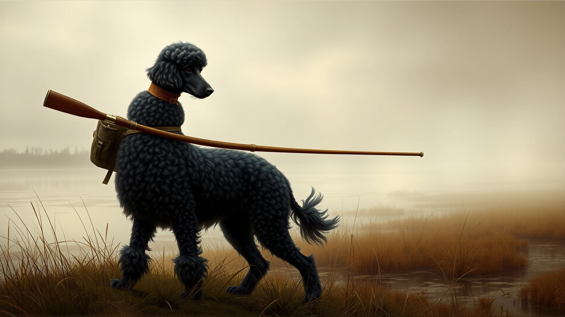 Vintage-style illustration of a Standard Poodle assisting hunters near a foggy wetland, subtle muted colors emulating 18th-century paintings.