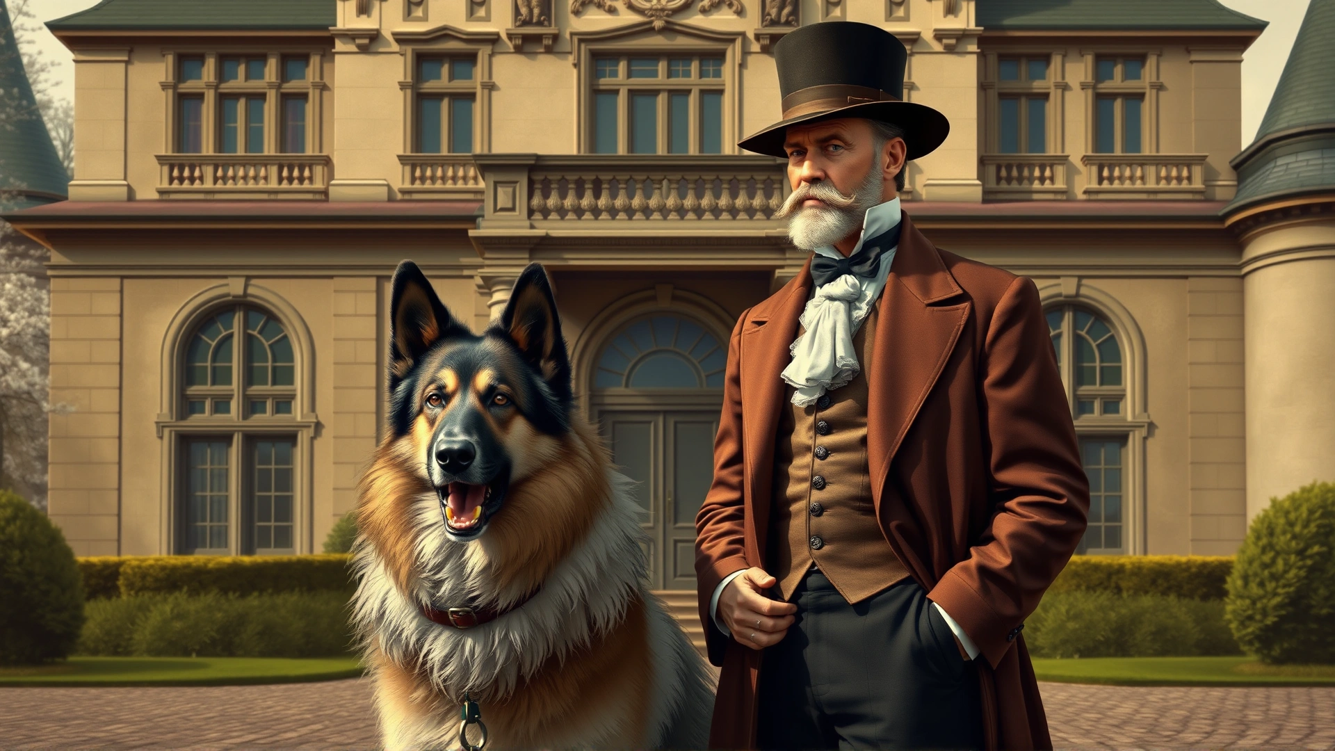 Vintage-style illustration of a Russian aristocrat standing beside a Borzoi in front of a grand manor.