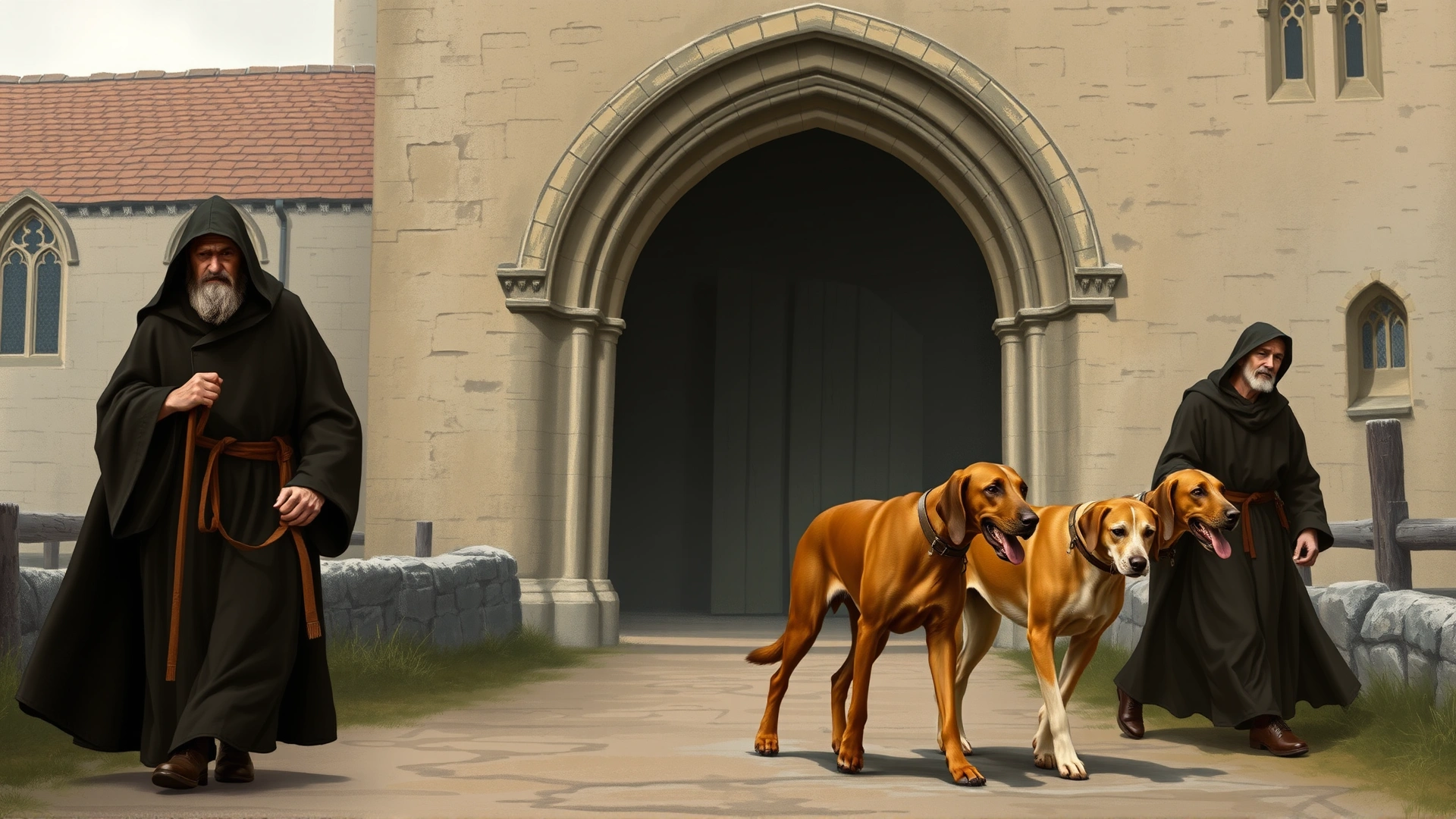 Vintage-style illustration of medieval monks walking with early Bloodhound ancestors outside an abbey, soft muted colors