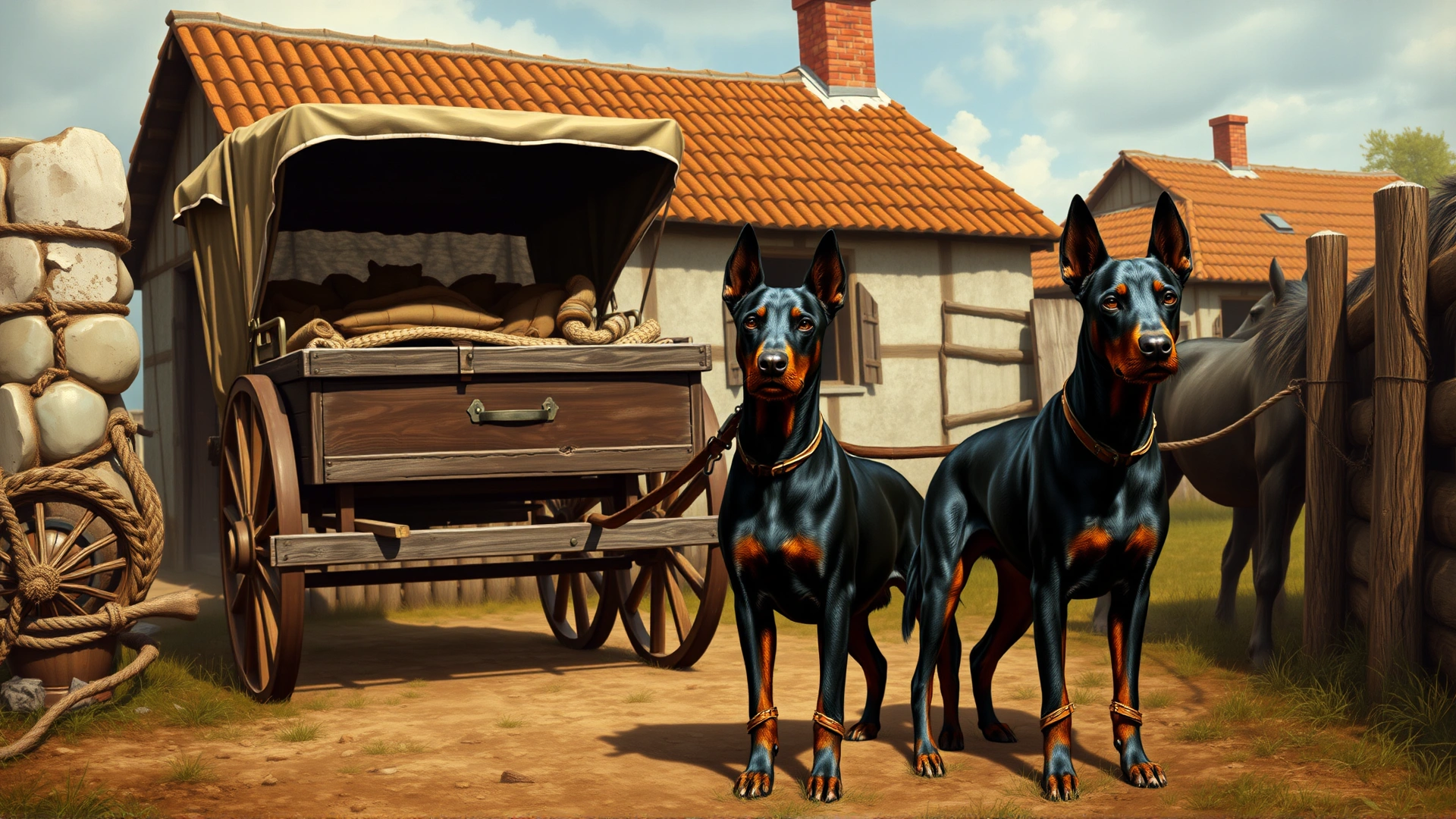 Vintage-style illustration of a 19th-century German farm scene with early German Pinschers guarding a horse-drawn cart.