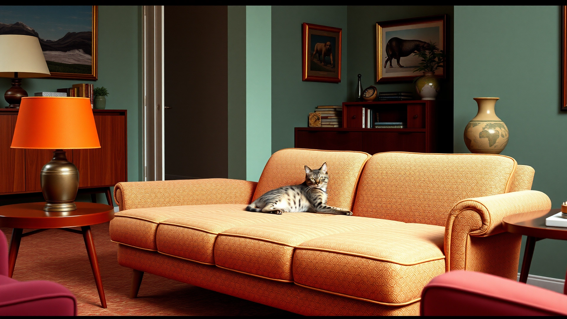 Stylized 1960s living room scene with a vintage color palette; an Ocicat lounges on a retro sofa for a nod to the breed's origin era.