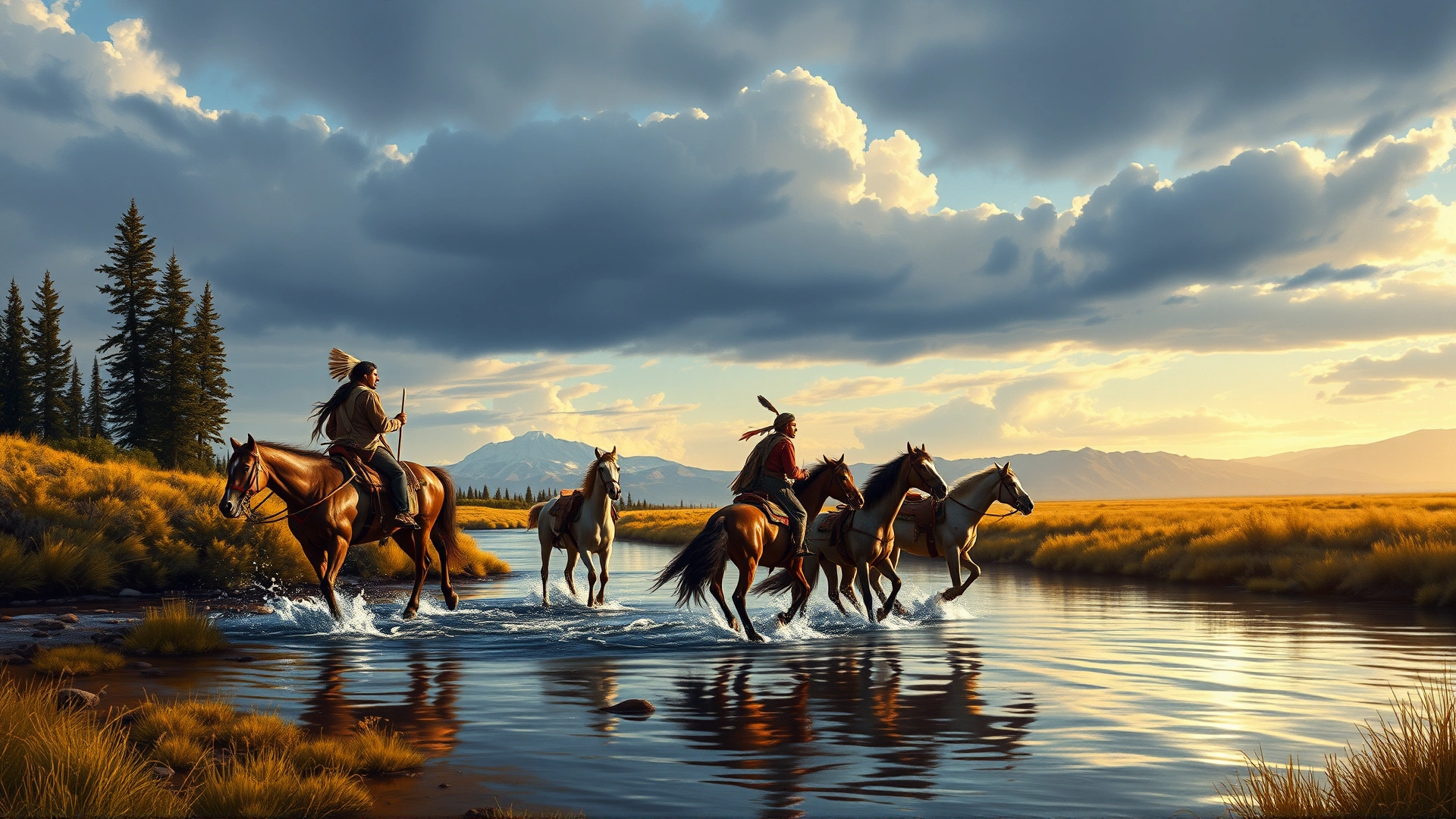 Vintage-style illustration of Nez Perce riders crossing a river on Appaloosa horses in the American Northwest, evoking the breed's historical origins.