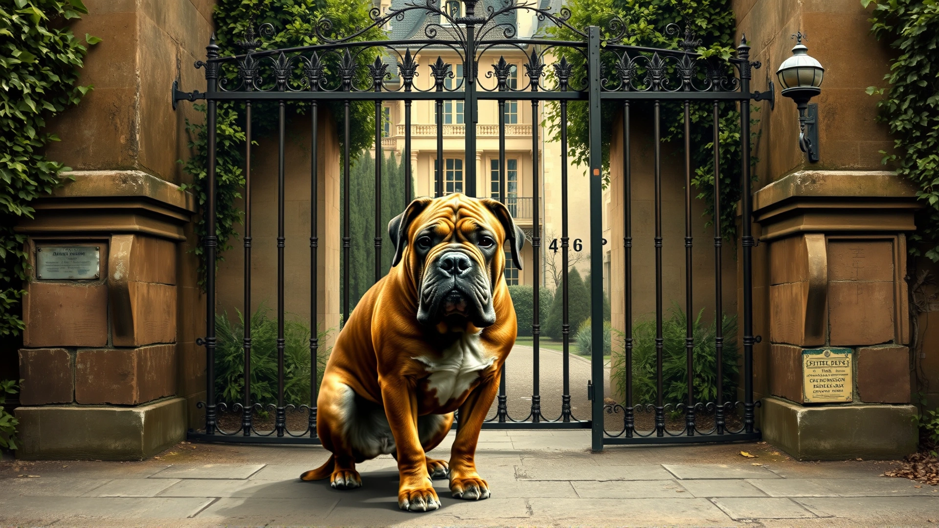 Vintage-style painting of a 19th-century Dogue de Bordeaux guarding a French chateau gate, muted earthy color palette