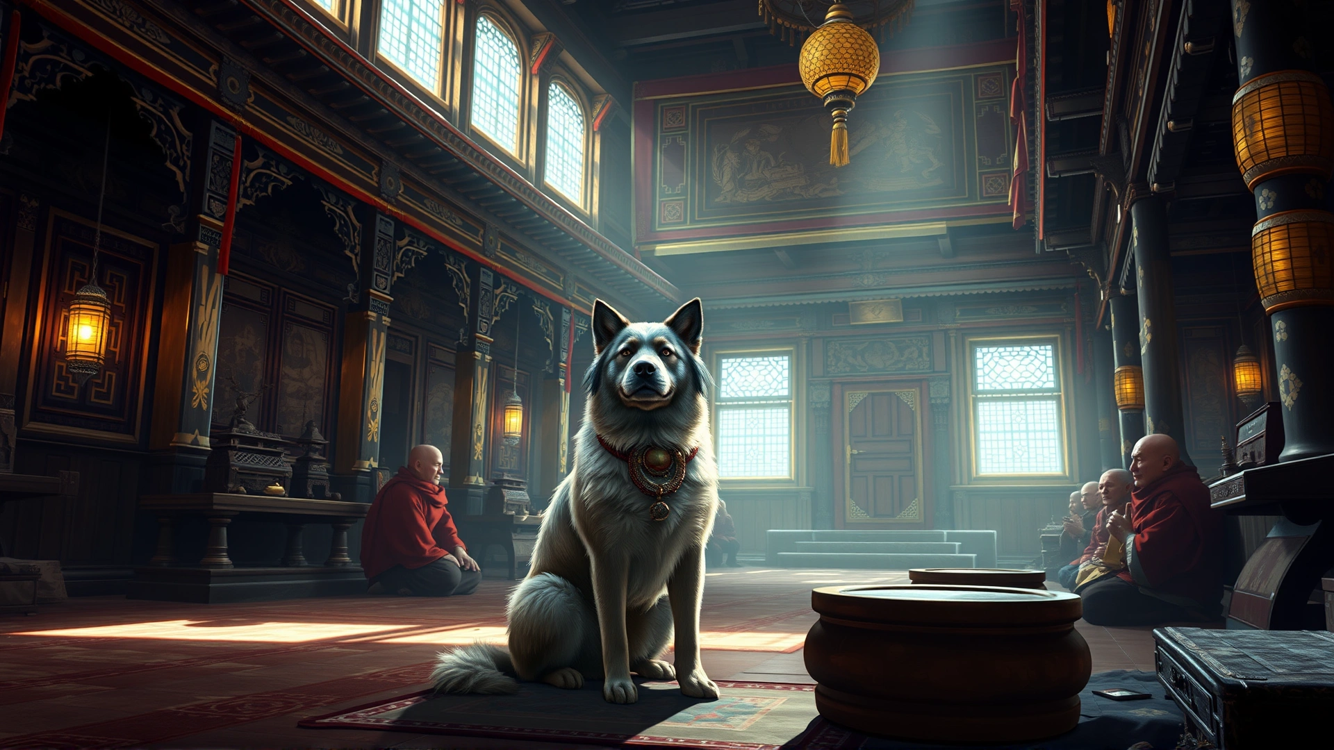 Artistic illustration of an ancient Tibetan monastery interior with a watchful Lhasa Apso sitting near monks, warm ambient lighting, cinematic style
