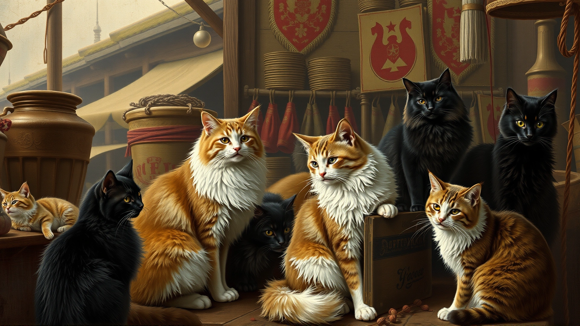 Vintage-style illustration depicting cats in a 19th-century Russian marketplace, hinting at the origin of the Siberian breed