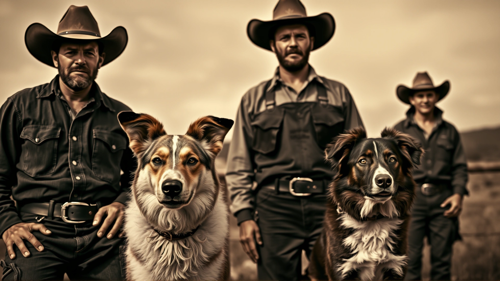 Vintage-style image of ranch workers alongside an Australian Cattle Dog and an Australian Shepherd, representing Texas Heeler lineage, sepia tone