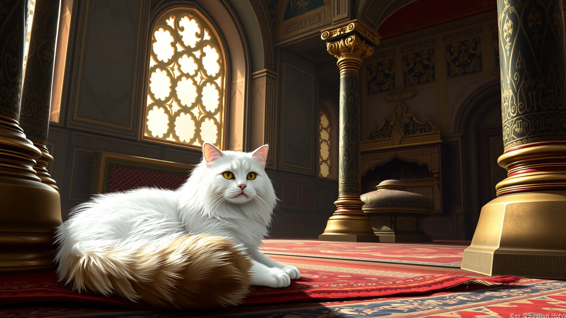Vintage-style illustration of 17th-century Ottoman palace interior with a white long-haired cat (Turkish Angora) lounging near luxurious rugs and ornate columns.