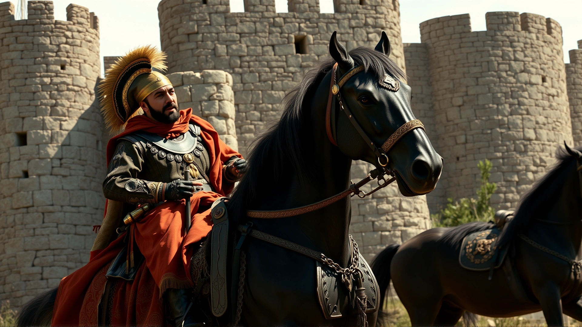 Historic reenactment scene of a Spanish conquistador riding an Andalusian horse in ornate tack in front of a stone fortress