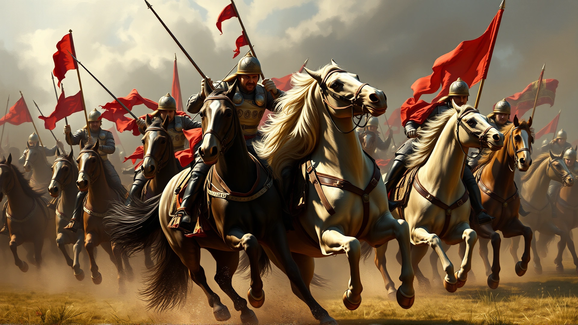 Oil-painting-style image depicting 17th-century Portuguese cavalry riding Lusitano horses into battle.