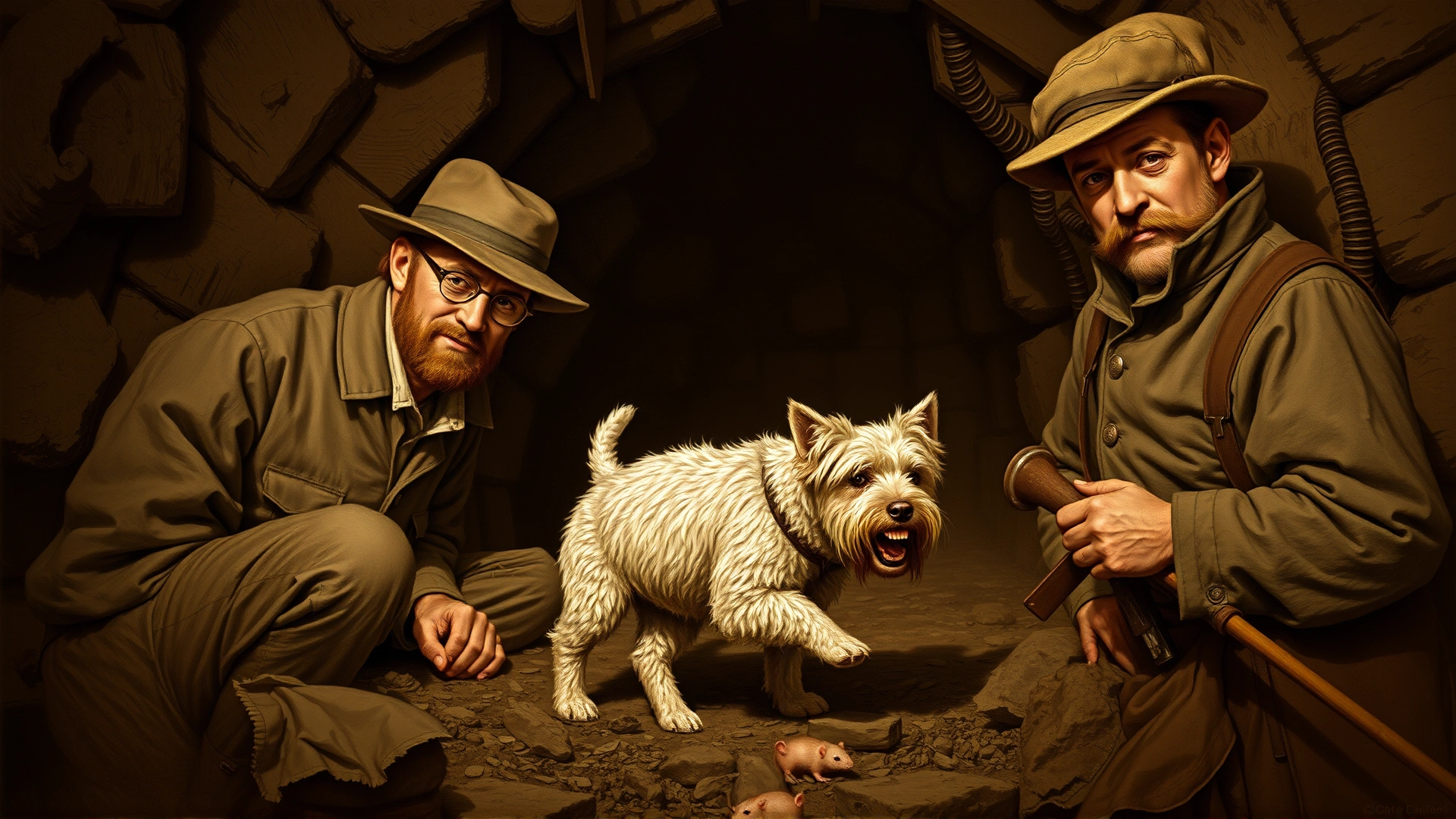 Vintage illustrated scene of 19th-century English miners accompanied by a Bedlington Terrier hunting rodents, sepia tones