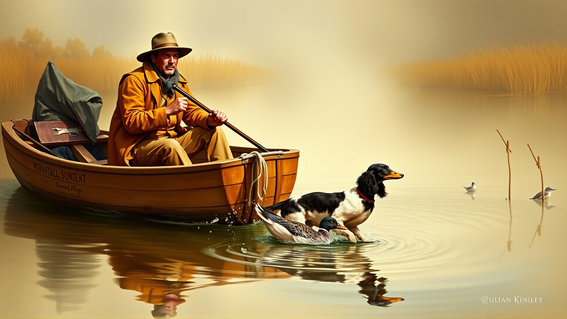 A vintage illustration of 19th century hunters in a small wooden skiff with an American Water Spaniel retrieving a duck from marshy waters, warm nostalgic color palette.