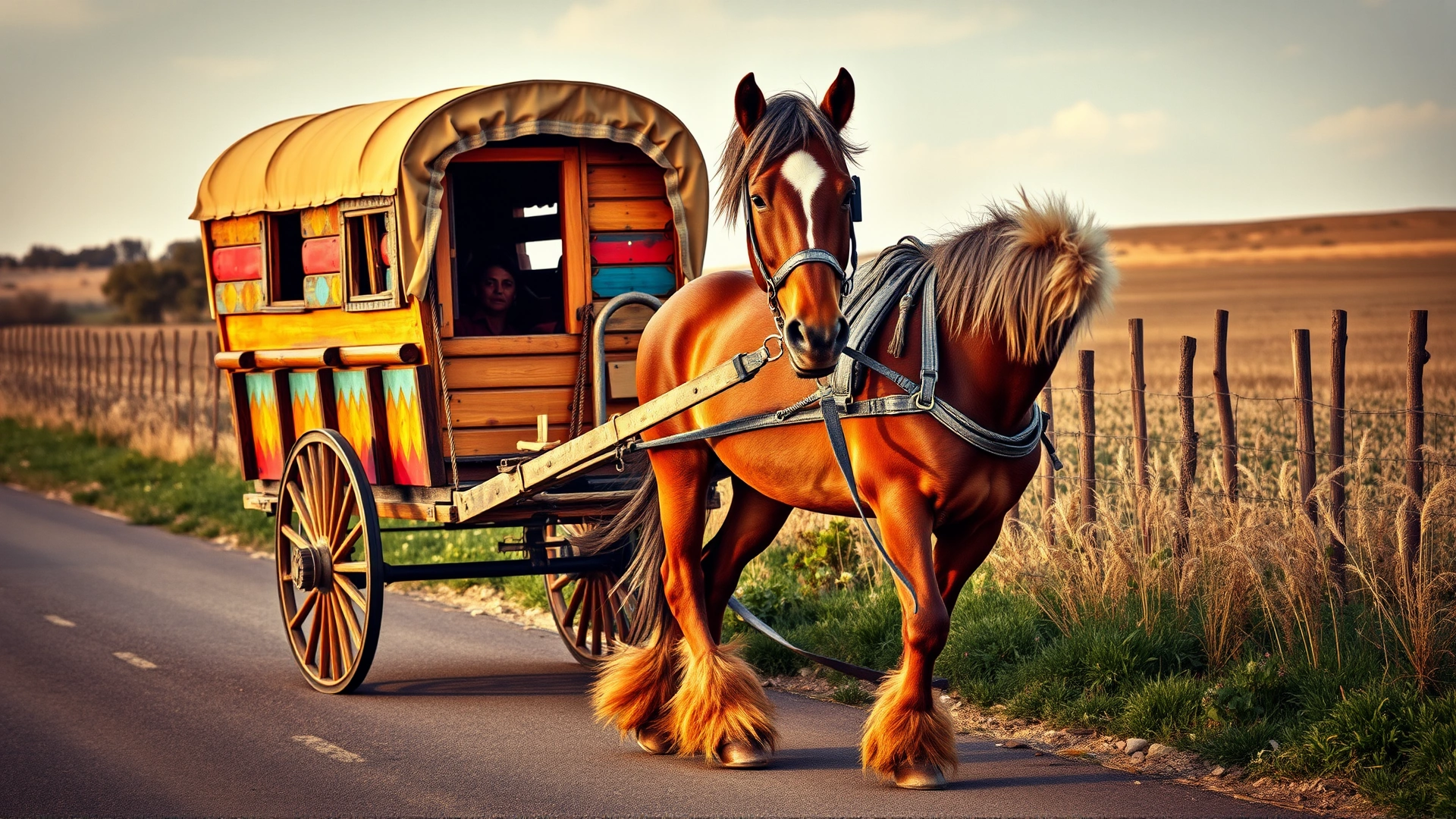 Vintage-style photograph of a traditional Romani caravan (vardo) being pulled by an Irish Cob on a country lane. Emphasize the colorful wooden caravan and the horse's feathered legs. Warm, nostalgic tones.