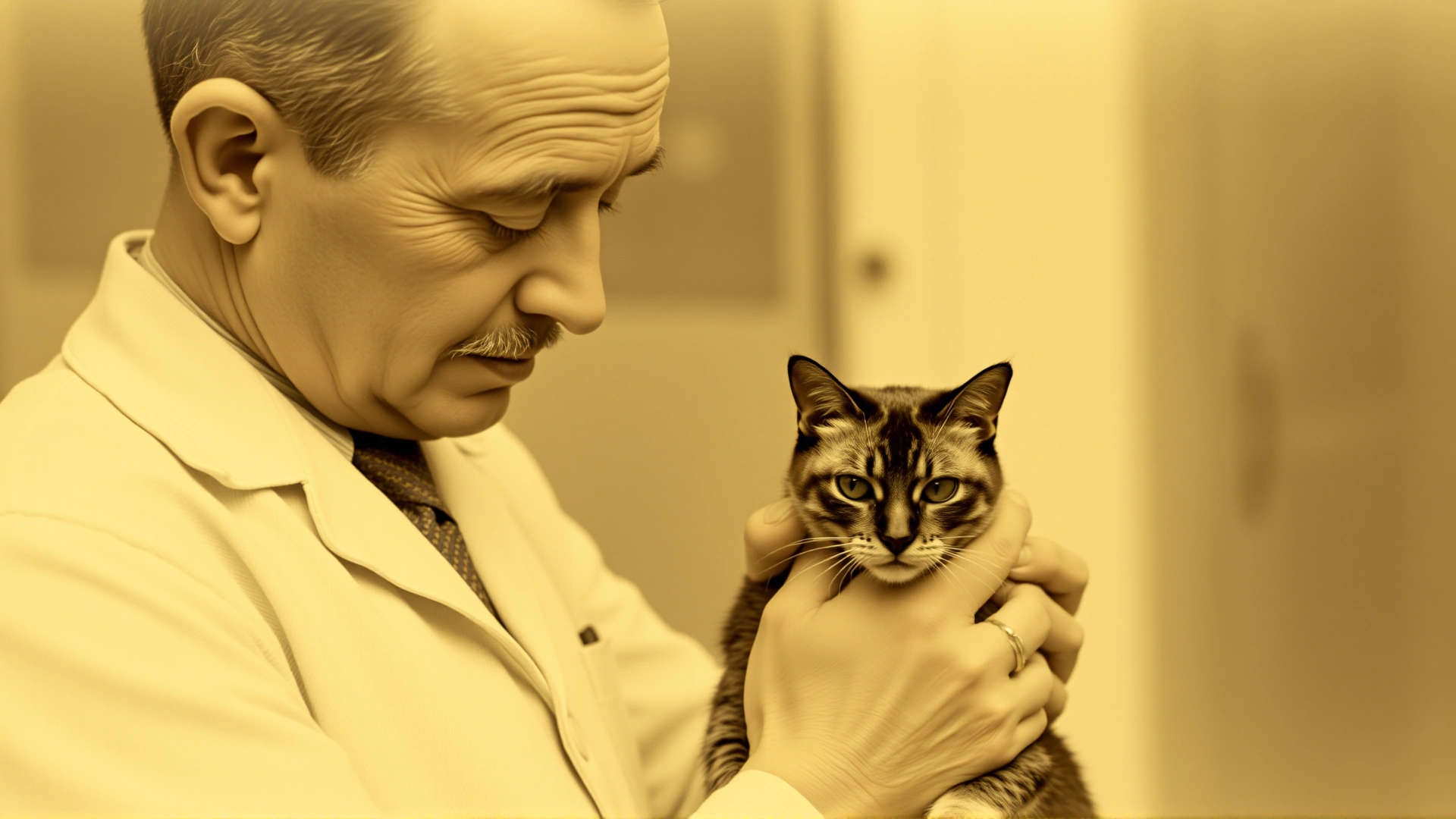 Vintage-style sepia photograph of Dr. Joseph Thompson holding the Burmese cat Wong Mau in the 1930s
