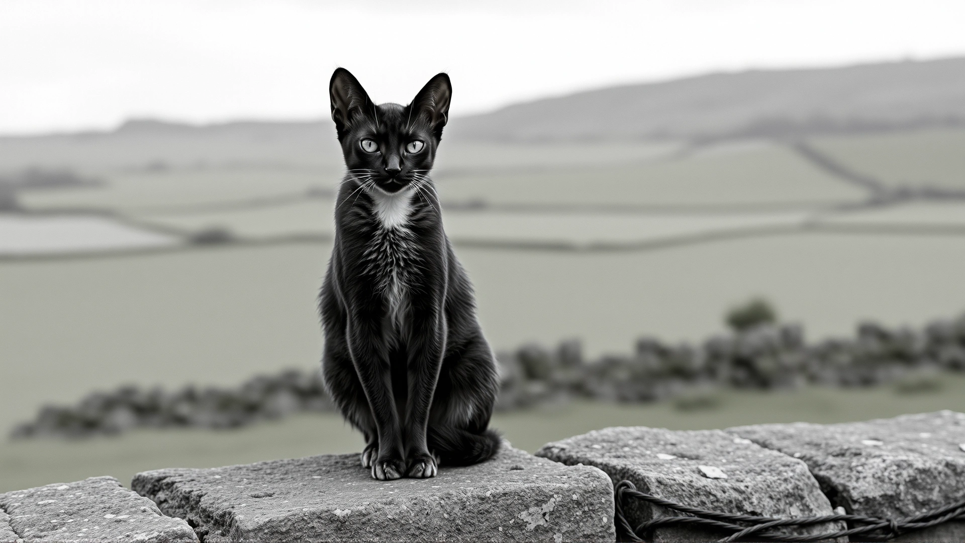 Historical black-and-white style photo of an early Cornish Rex cat sitting on a stone wall in the Cornwall countryside, 1950s vibe