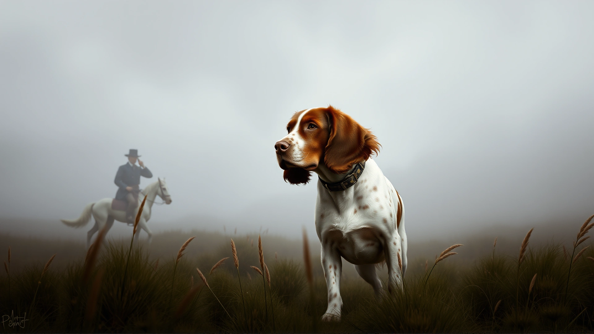 Vintage style illustration of an English Springer Spaniel accompanying a 19th-century British hunter in a misty countryside setting.