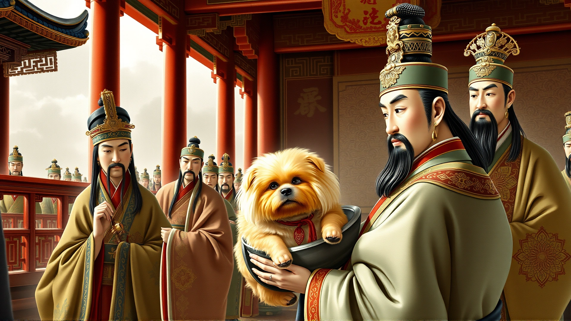 Classic painting style depiction of ancient Chinese nobility with a small Pekingese dog being carried in an imperial court