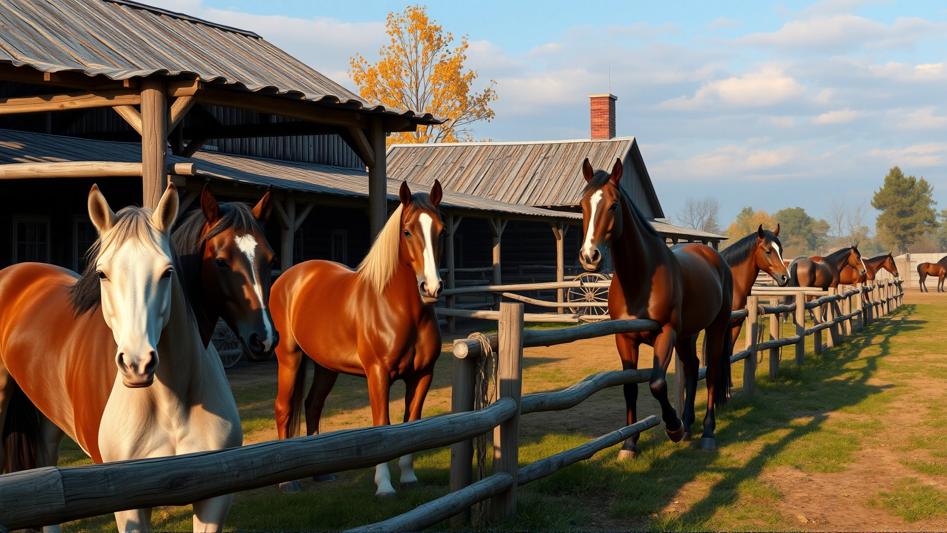Vintage-inspired scene of a 19th-century American horse farm with Morgan and Arabian horses in wooden paddocks, autumn light, no text