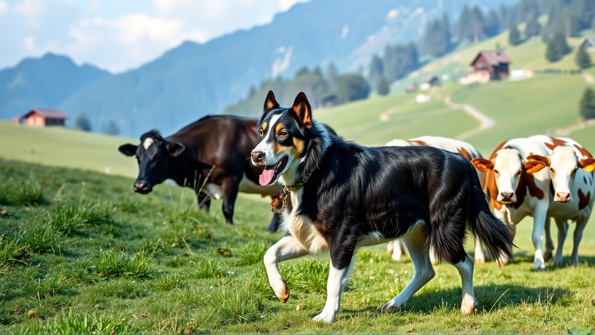 Entlebucher Mountain Dog herding a small group of dairy cows on a Swiss mountain pasture, traditional farm buildings in the distance.