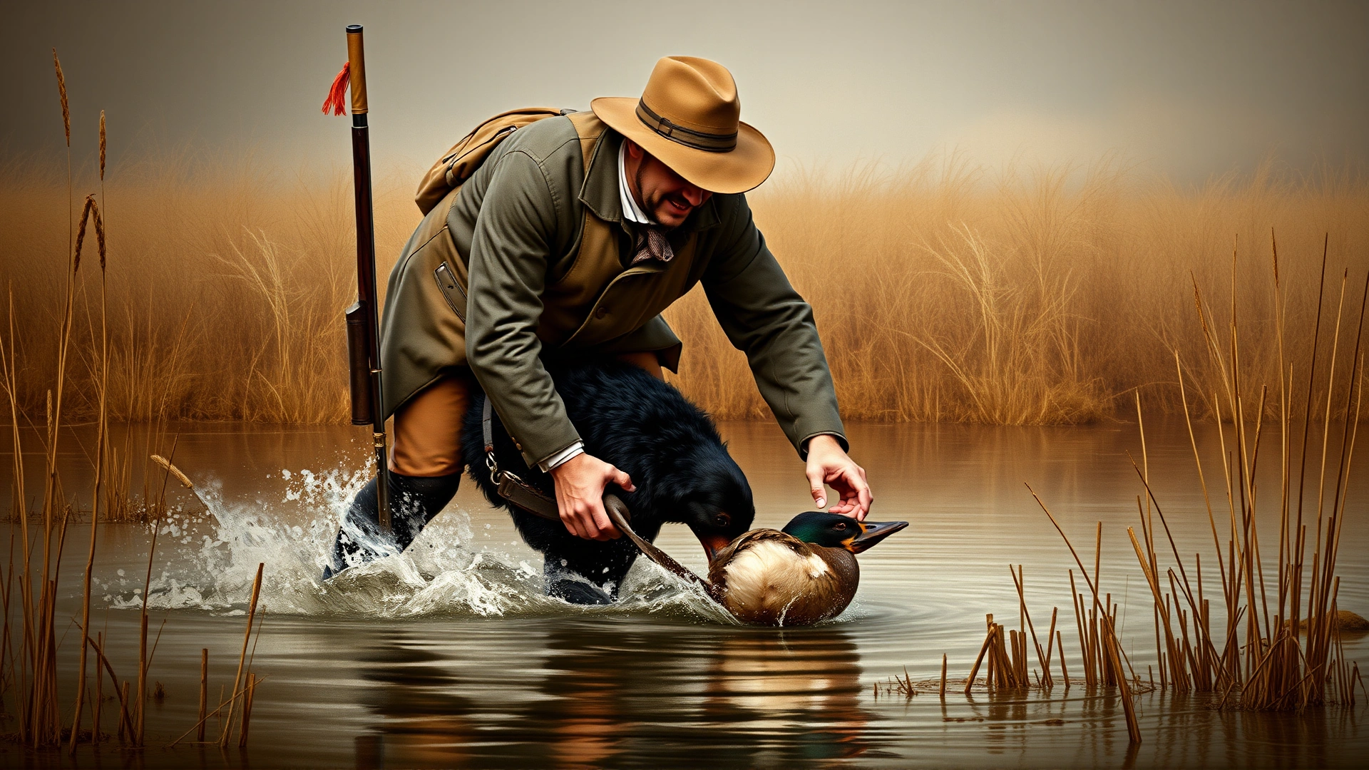 Vintage-styled illustration of a 19th-century British hunter with his Flat-Coated Retriever retrieving a duck from a marsh, muted earthy tones