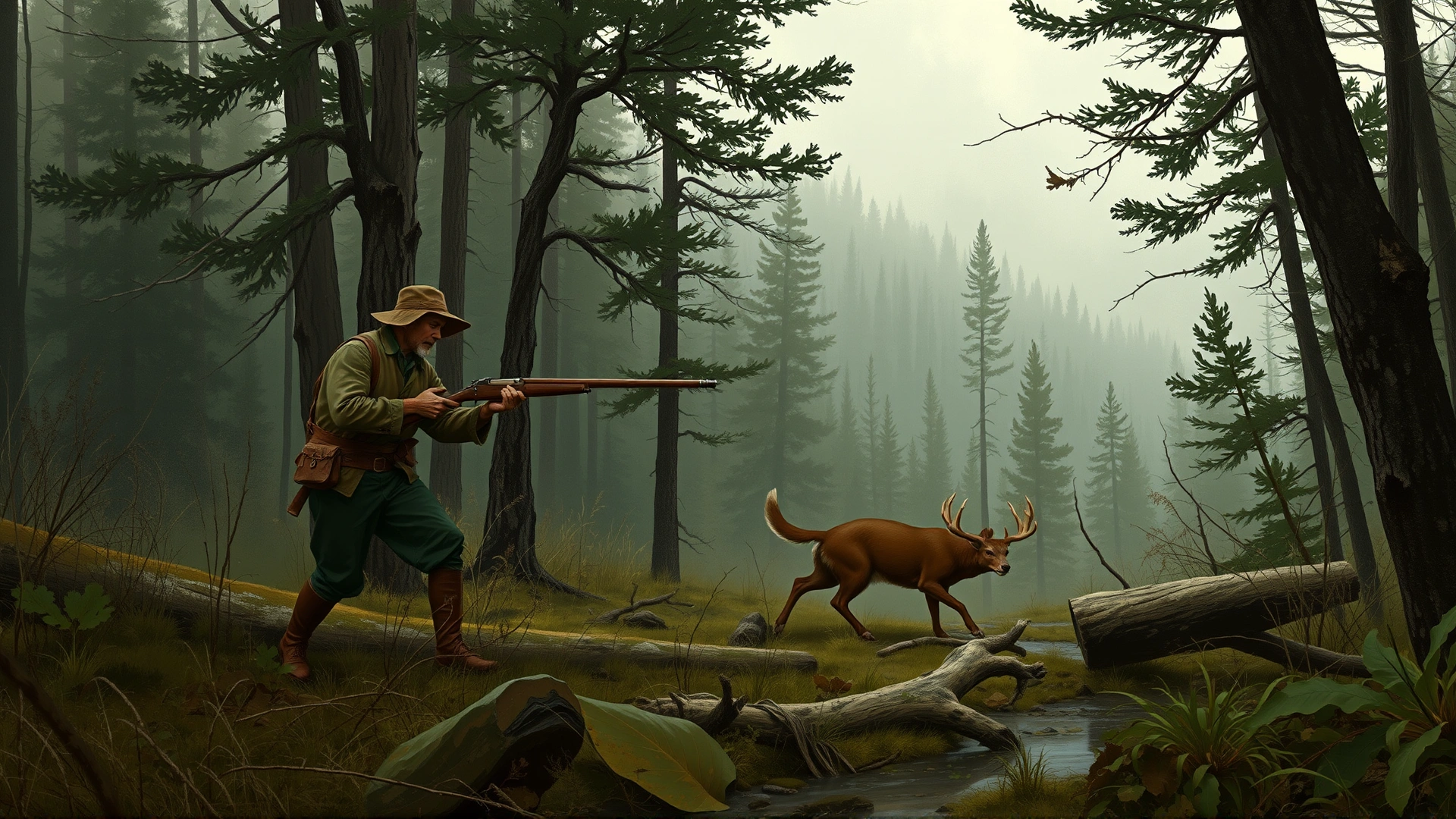 Vintage-style illustration of early American settlers hunting in Appalachian forest with a Mountain Cur tracking game, muted earthy tones, painterly effect