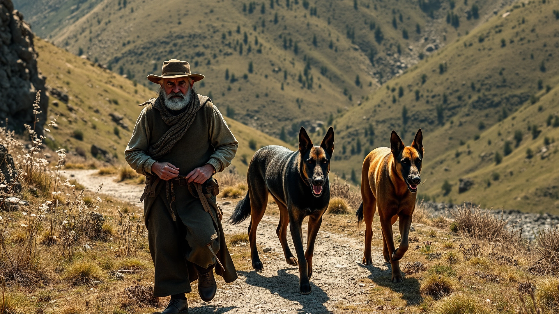 Historical re-enactment photo of a Spanish shepherd walking with a Spanish Mastiff on a mountain path during transhumance, high-resolution, rustic scenery