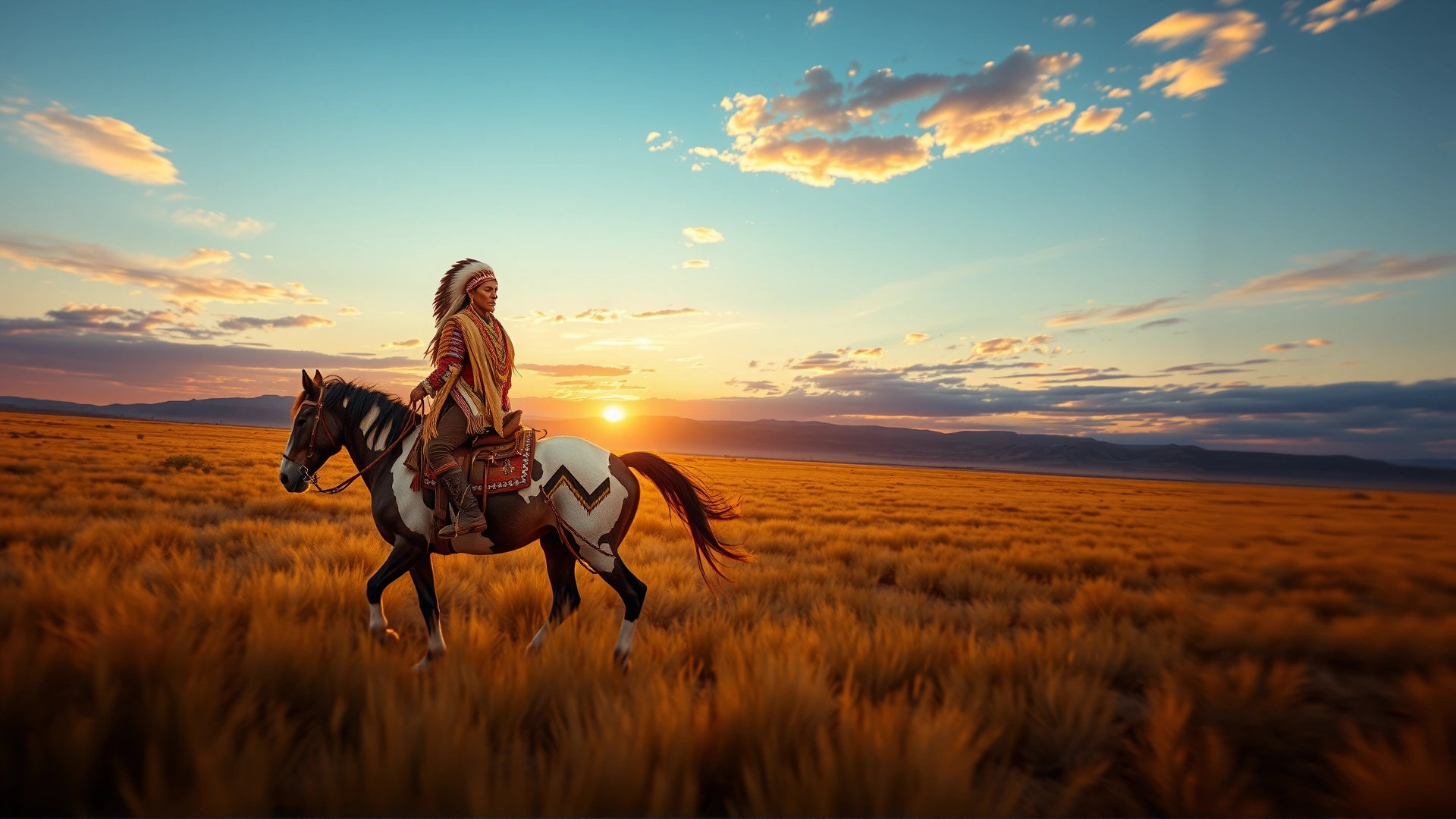 An artistic depiction of a Native American rider on a Paint Horse crossing an open prairie at sunrise, emphasizing historical roots.