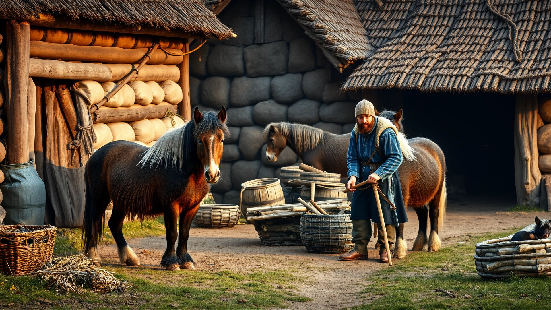 An atmospheric scene of medieval Swedish farmers working alongside Gotland ponies in a rustic village setting, illustrating the breed's historical agricultural role.