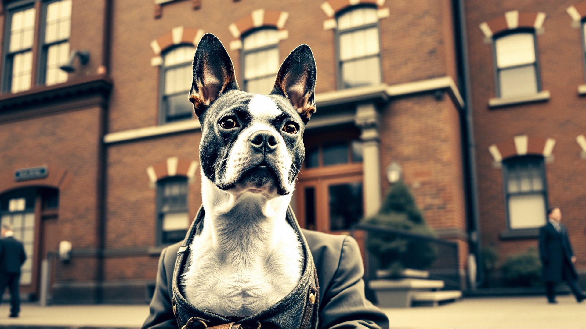 Vintage-style sepia-toned image of an early 1900s Boston Terrier with its owner in front of a classic Boston brick building