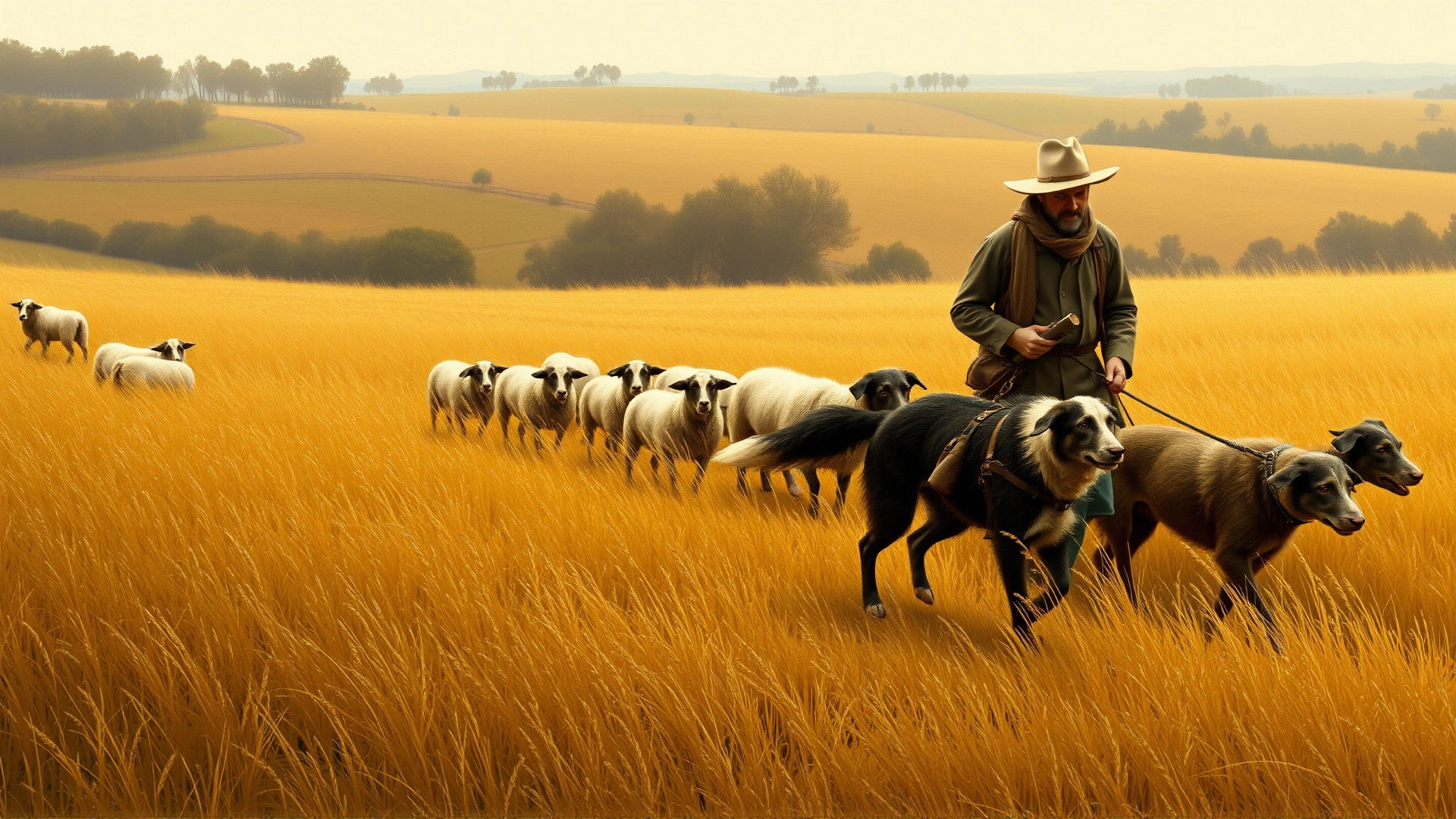 Vintage-style illustration of 19th-century French shepherds herding sheep with Beauceron dogs across golden fields, warm earthy tones.