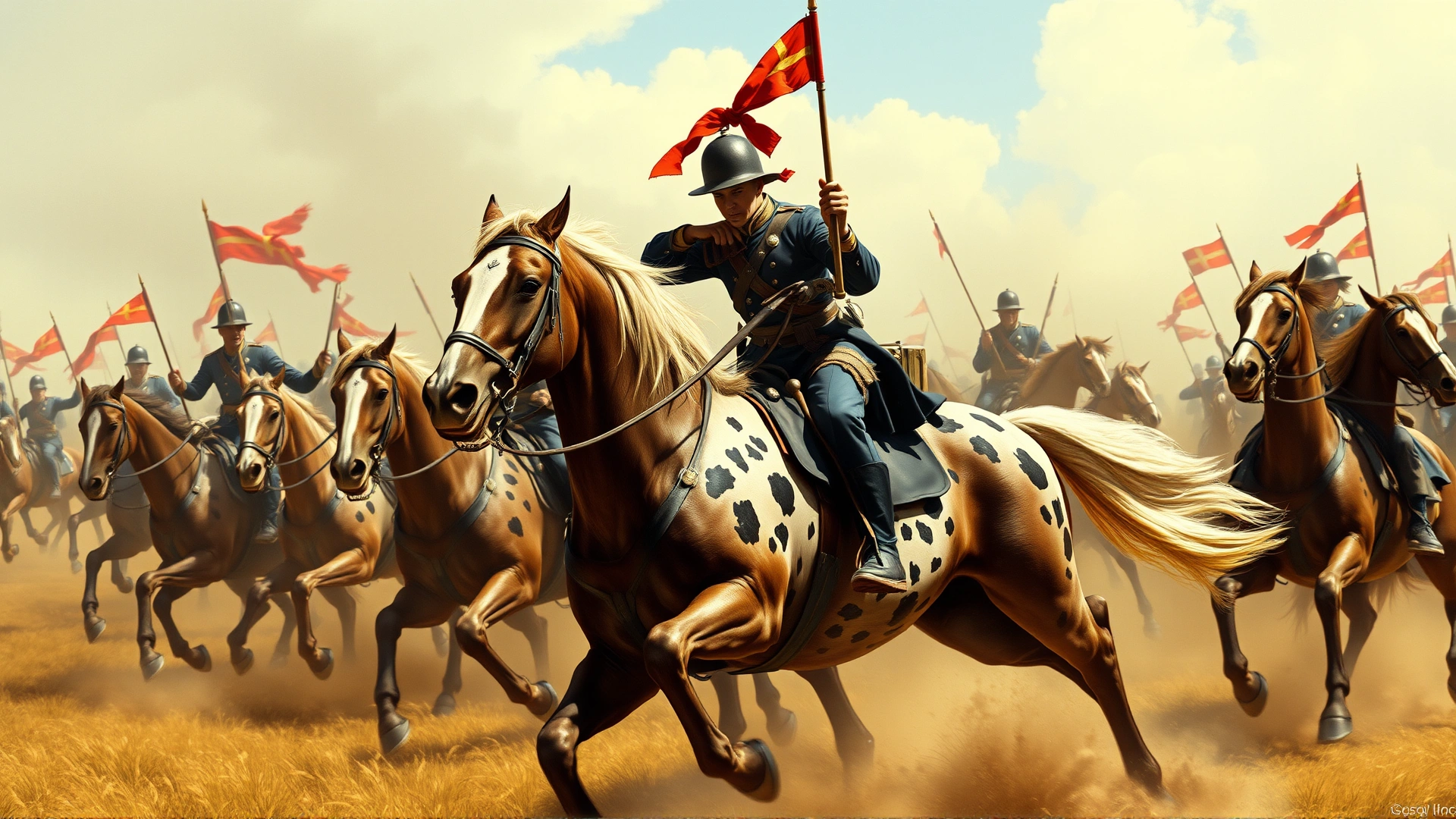 Historic-style illustration or painting of early 19th-century Danish cavalry riding spotted Knabstrupper horses into battle